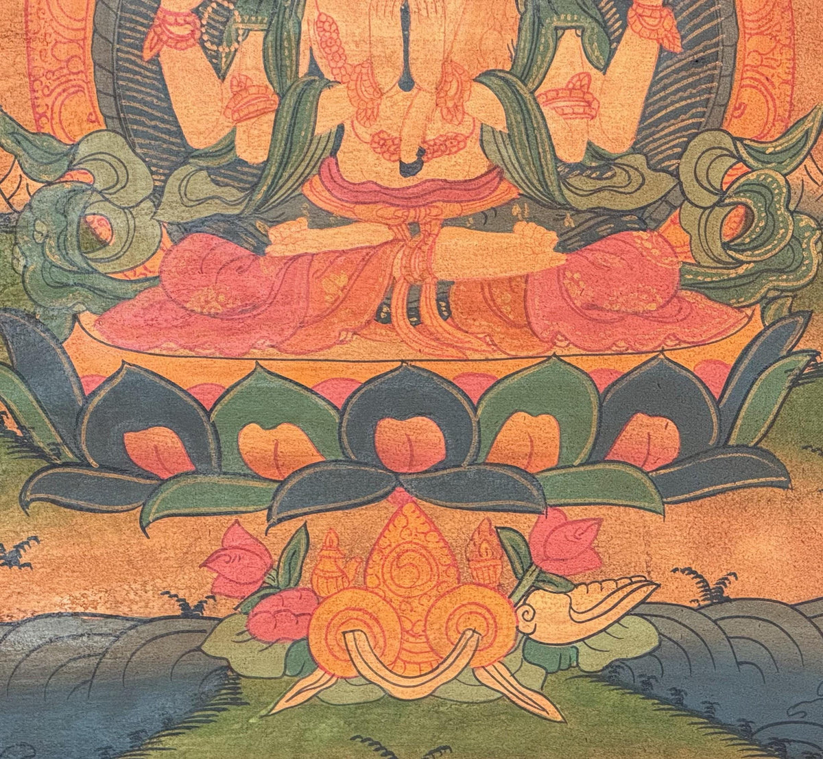 Handcrafted Chenrezig Thangka Painting  Tibetan Art with Silk Brocade