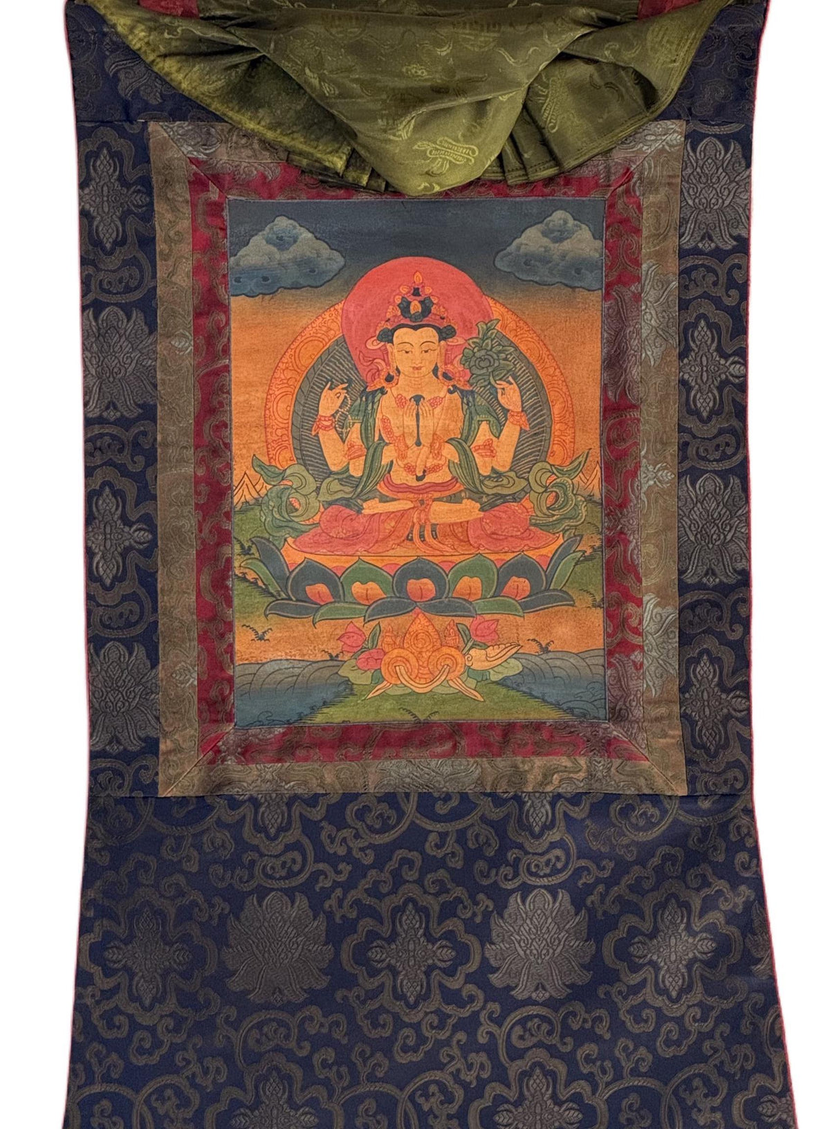 Handcrafted Chenrezig Thangka Painting  Tibetan Art with Silk Brocade