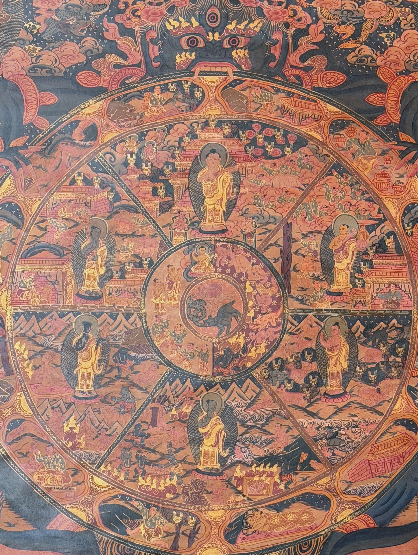 Samsara Wheel of Life Thangka – Semi-Old Hand-Painted Tibetan Bhavachakra Painting with Detailed Symbolism
