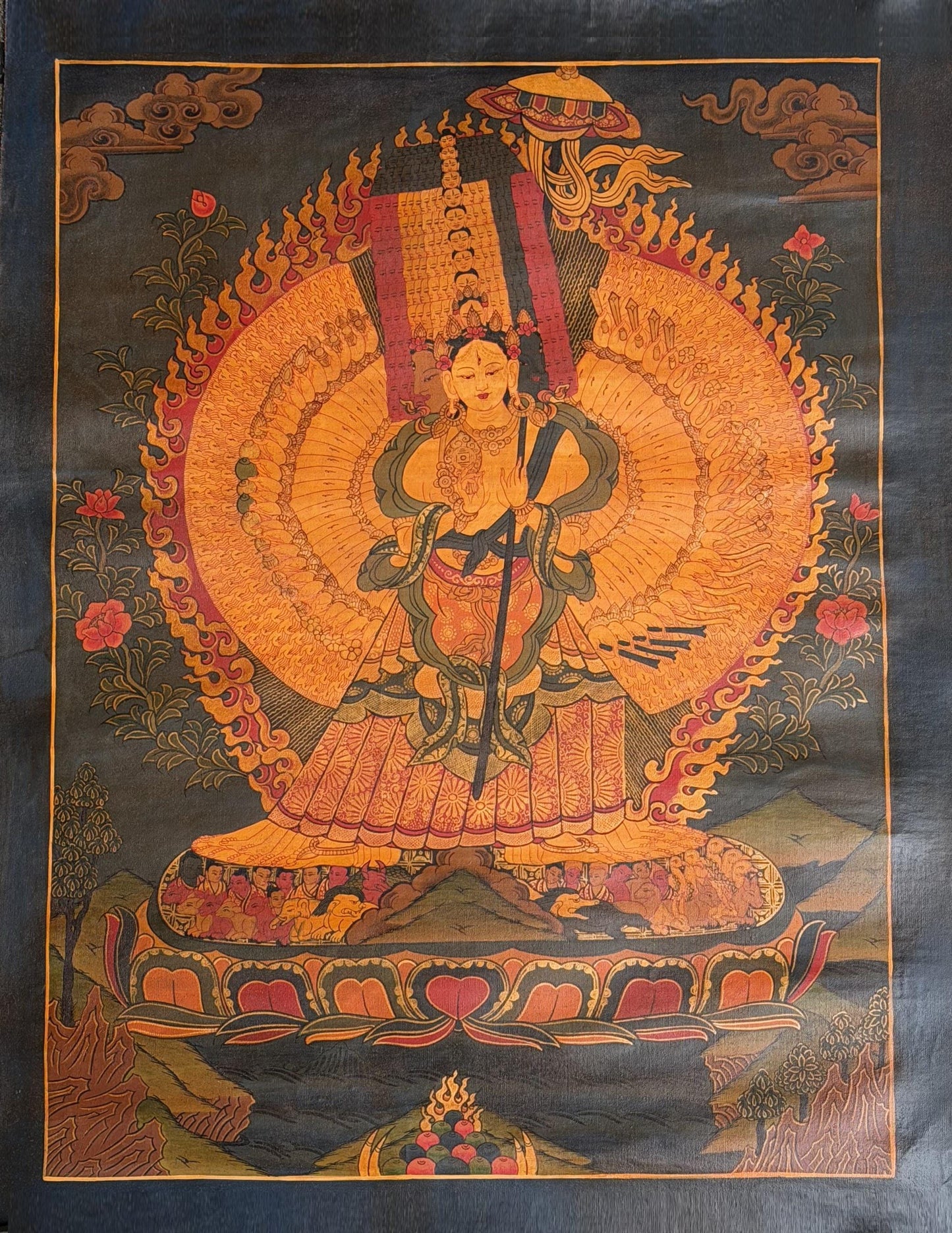 Hand-Painted Ushnisha Sitatapatra Thangka | White Umbrella Goddess Art | Dukar Oil-Varnished Tibetan Buddhist Decor