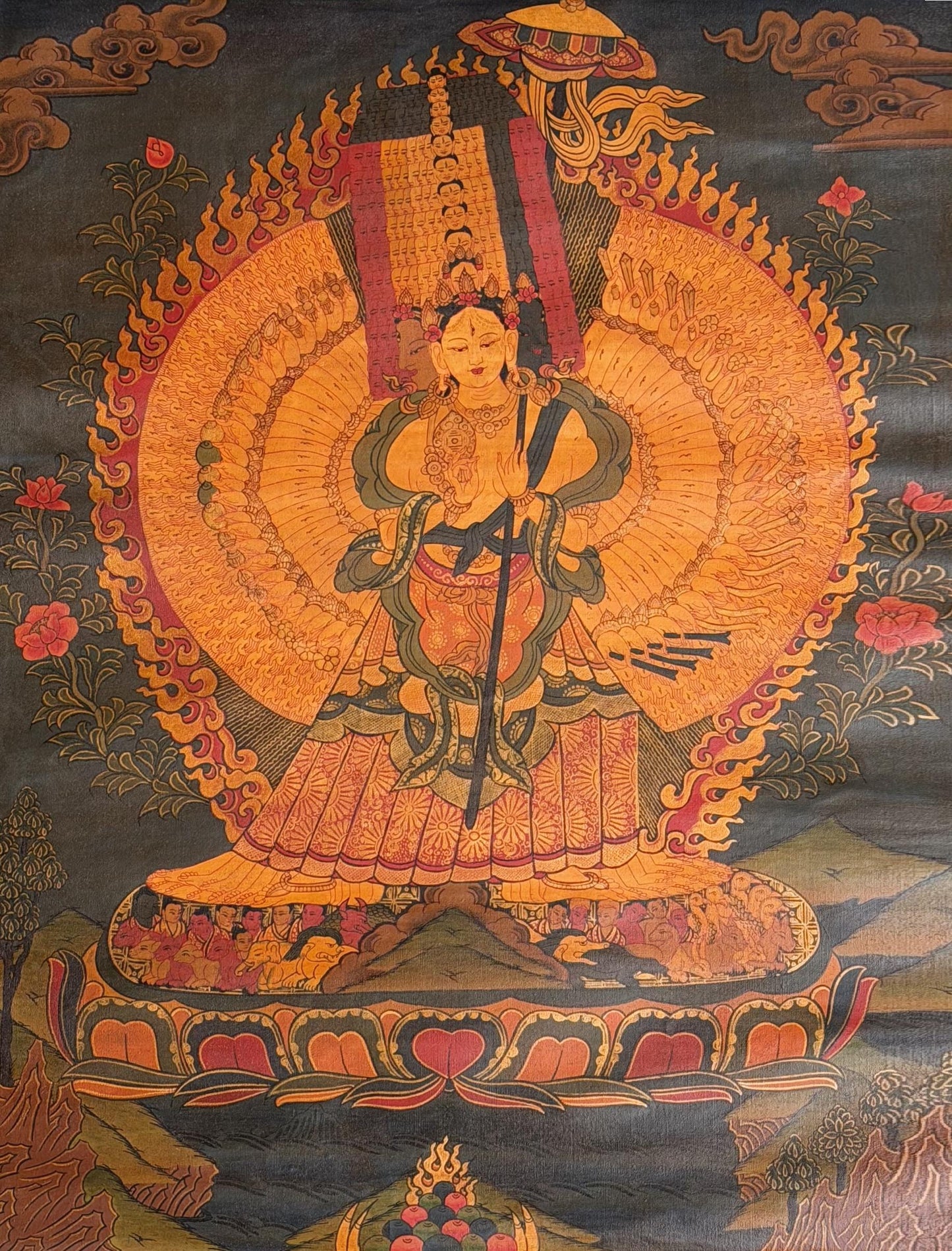 Hand-Painted Ushnisha Sitatapatra Thangka | White Umbrella Goddess Art | Dukar Oil-Varnished Tibetan Buddhist Decor