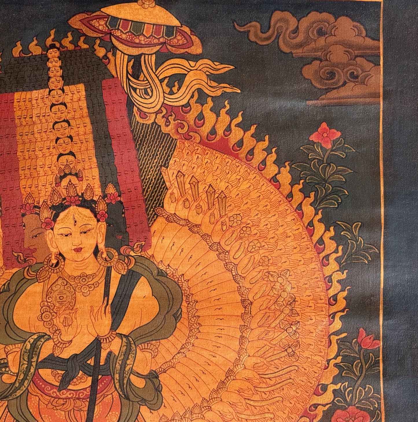 Hand-Painted Ushnisha Sitatapatra Thangka | White Umbrella Goddess Art | Dukar Oil-Varnished Tibetan Buddhist Decor