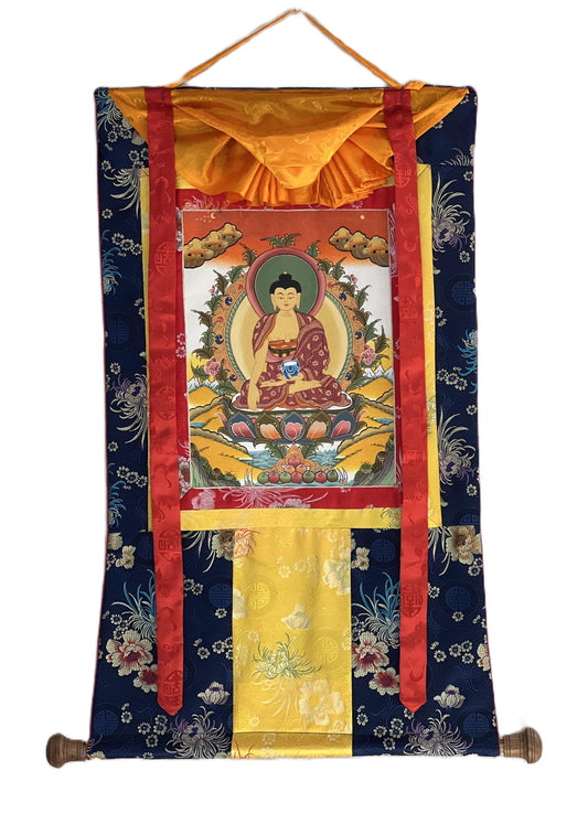 Hand-Painted Shakyamuni Buddha Thangka | Siddhartha Gautama Tibetan Art | Silk Brocade Wall Decor