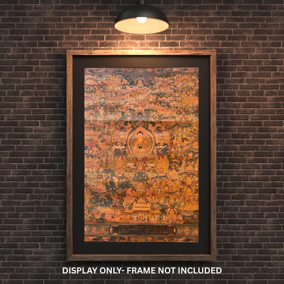 Buddha Life Story Thangka - Hand-Painted Tibetan Art - Vintage Semi-Old Oil Varnished Art