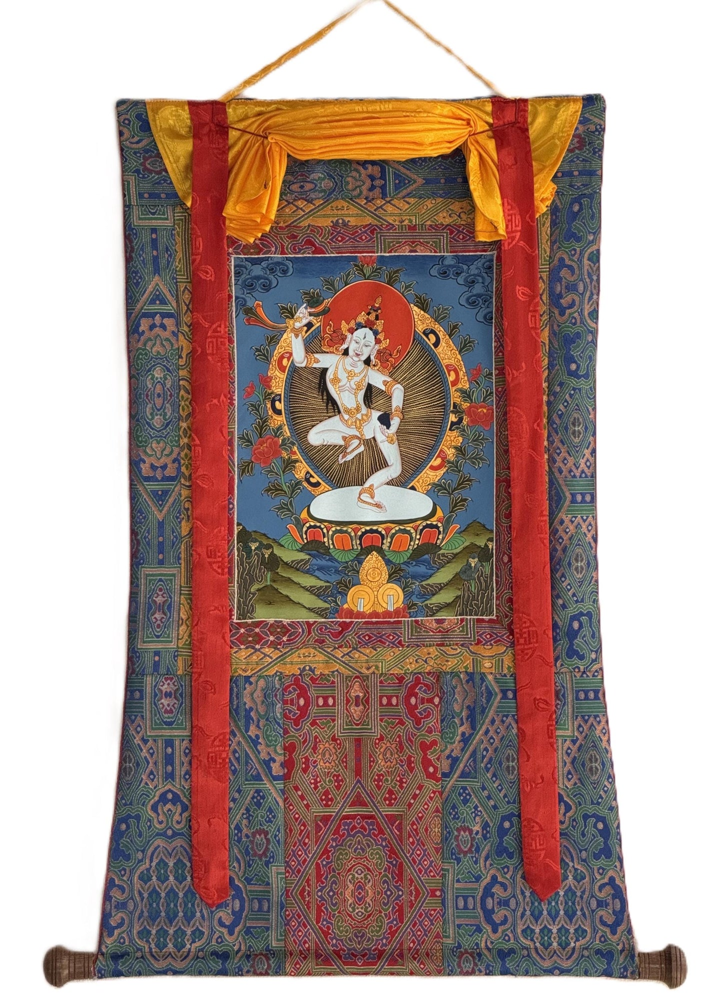 Hand-Painted Machig Labdron Thangka | Tibetan Buddhist Art with Silk Brocade