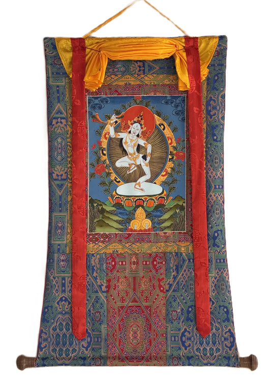 Hand-Painted Machig Labdron Thangka | Tibetan Buddhist Art with Silk Brocade