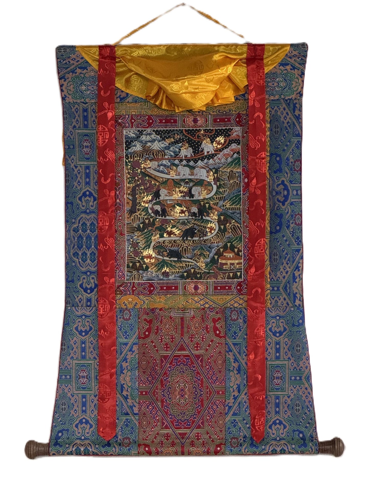 Original Hand-Painted Samatha Meditation Thangka | Tibetan Buddhist Silk Brocade Ar | Spiritual Wall Hanging