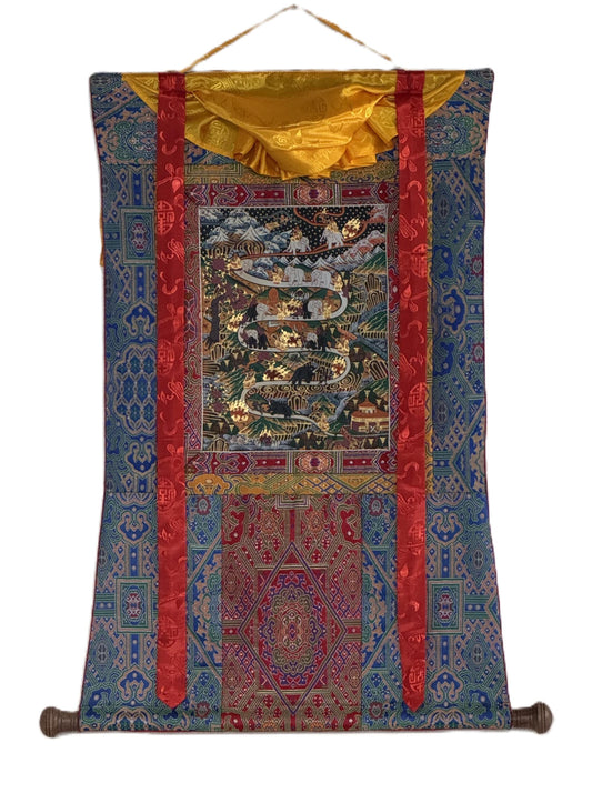 Original Hand-Painted Samatha Meditation Thangka | Tibetan Buddhist Silk Brocade Ar | Spiritual Wall Hanging