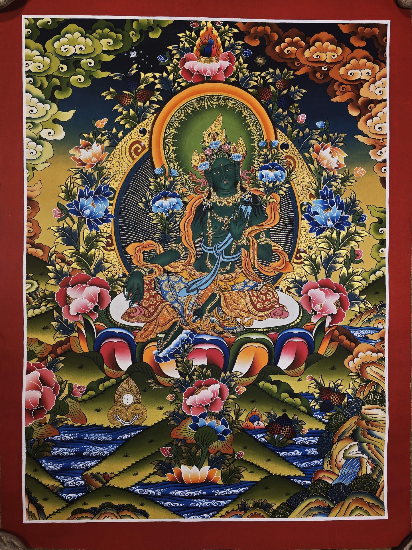 Original Hand-Painted Green Tara Thangka Painting – Tibetan Buddhist Goddess Art