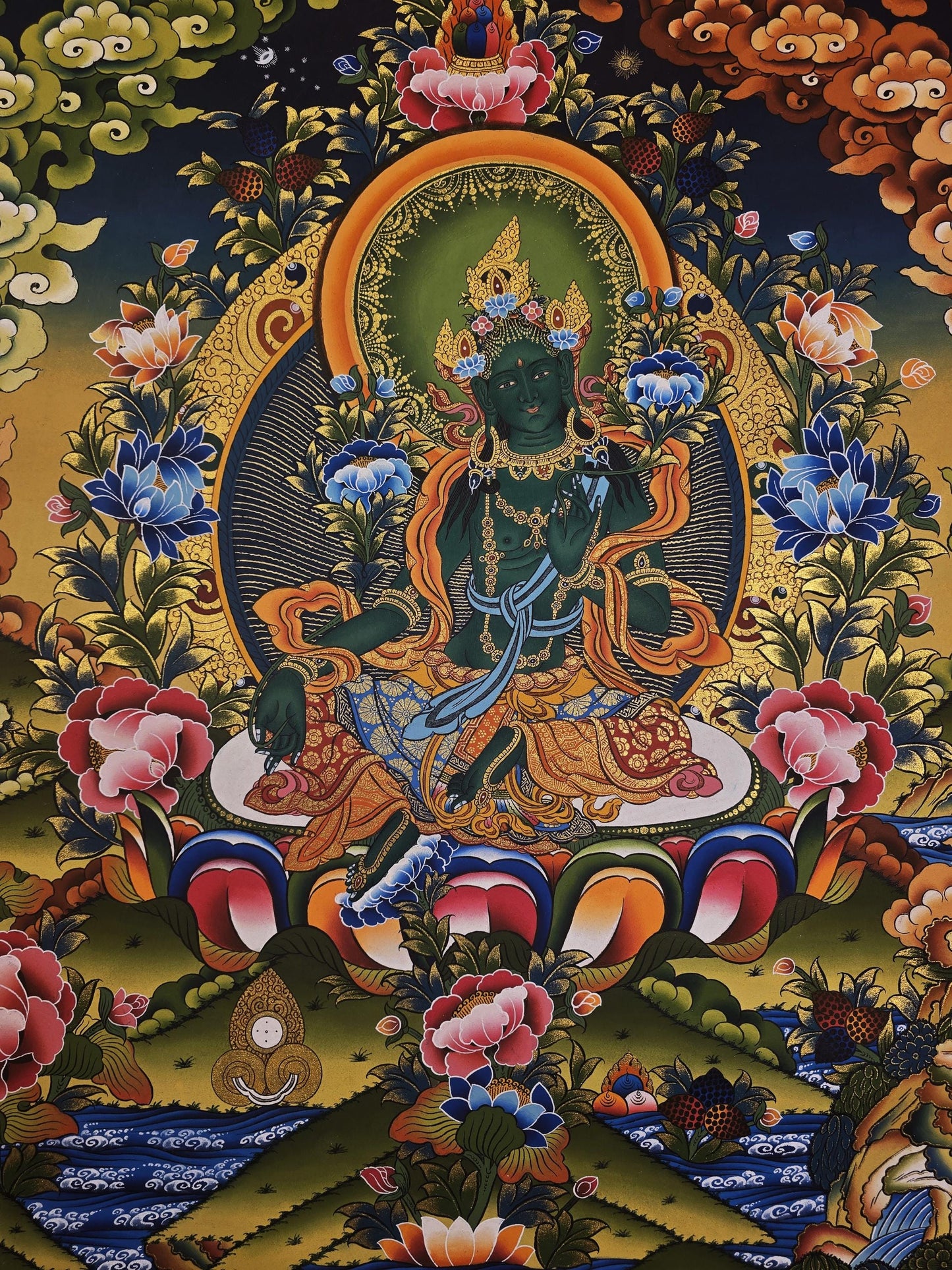 Original Hand-Painted Green Tara Thangka Painting – Tibetan Buddhist Goddess Art