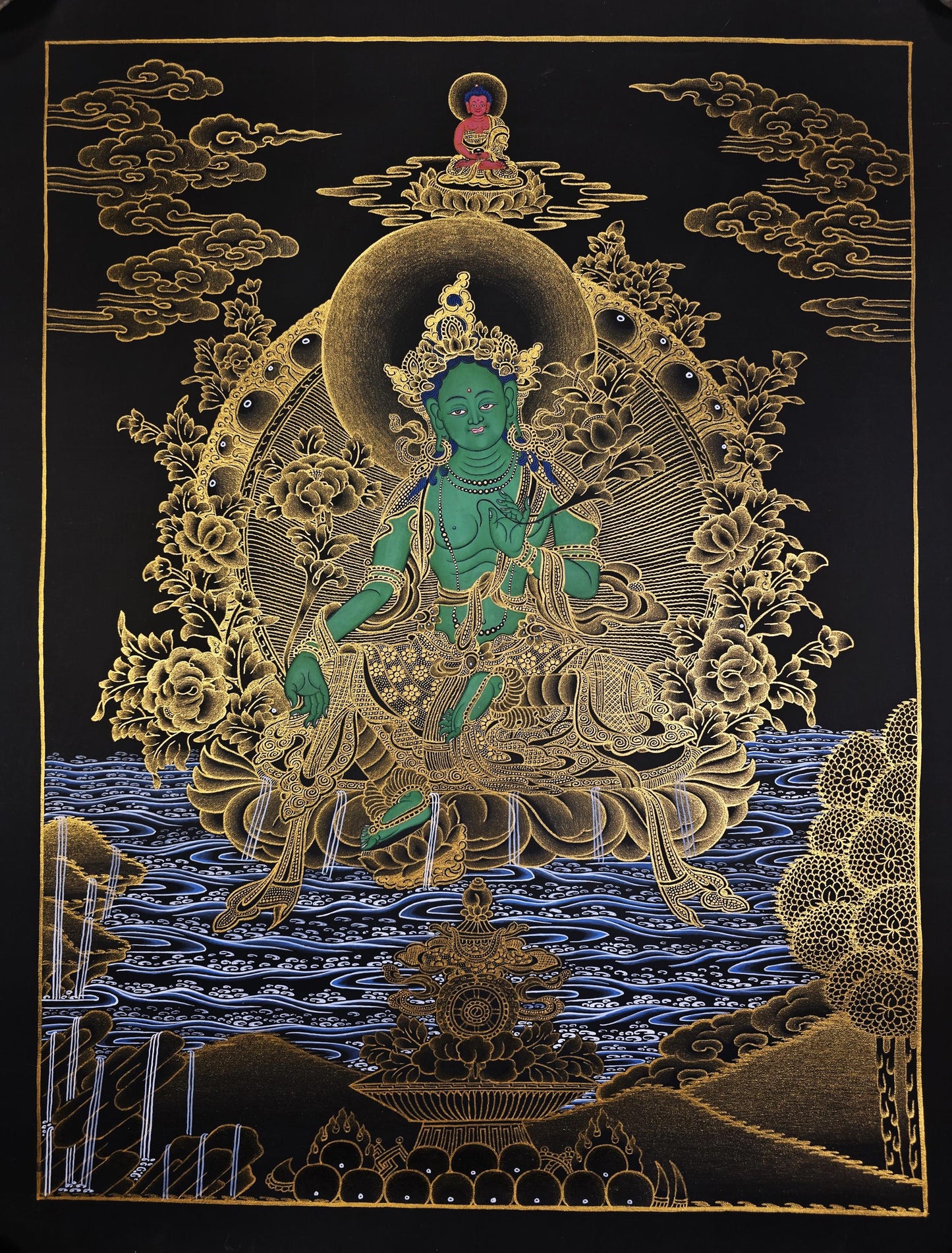 Hand-Painted Green Tara Thangka – Tibetan Buddhist Goddess of Compassion, Nepali Art