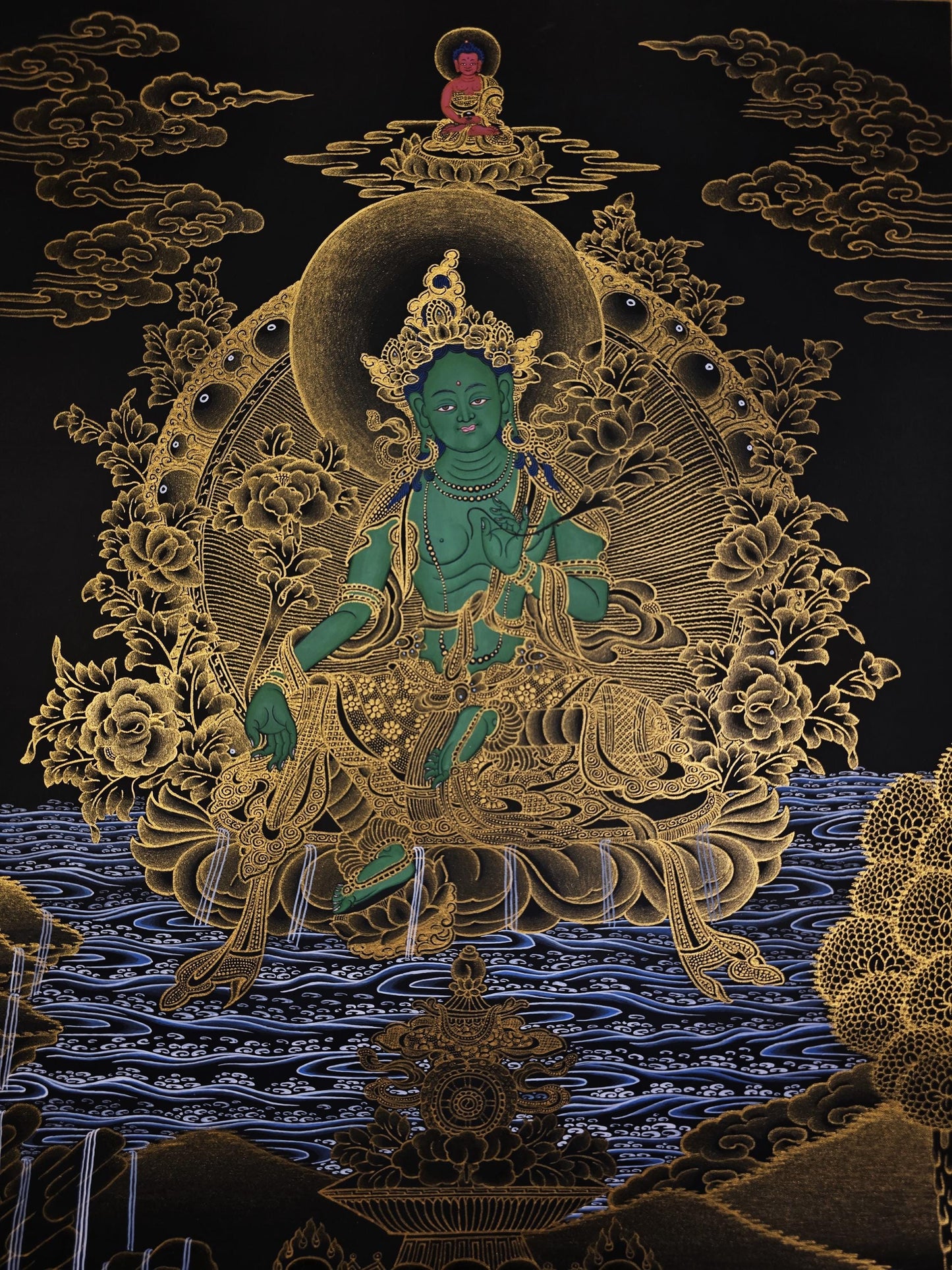 Hand-Painted Green Tara Thangka – Tibetan Buddhist Goddess of Compassion, Nepali Art