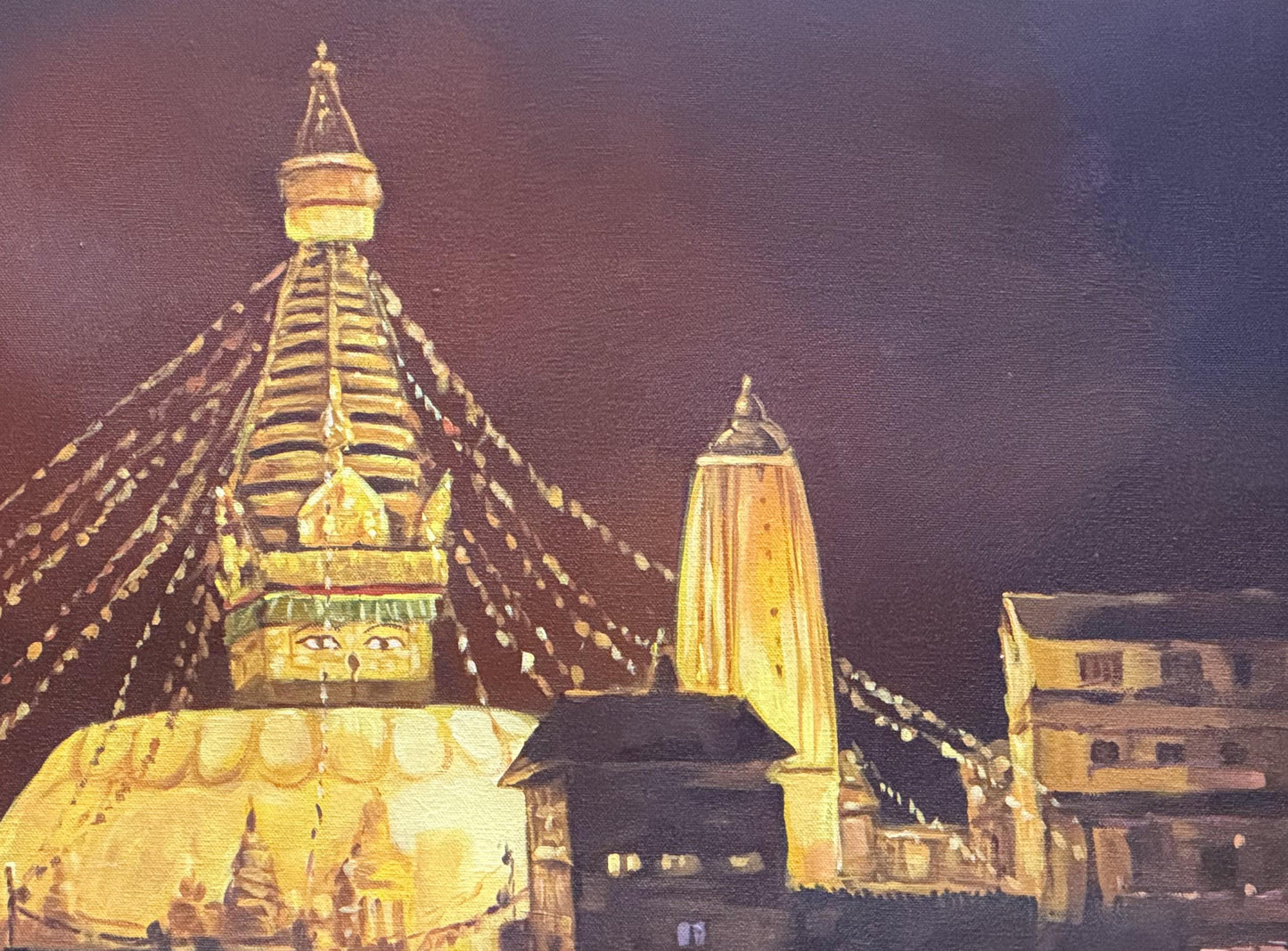 Swayambhunath Temple Night View - Sacred Buddhist Site Acrylic Painting on Canvas - Spiritual Wall Art