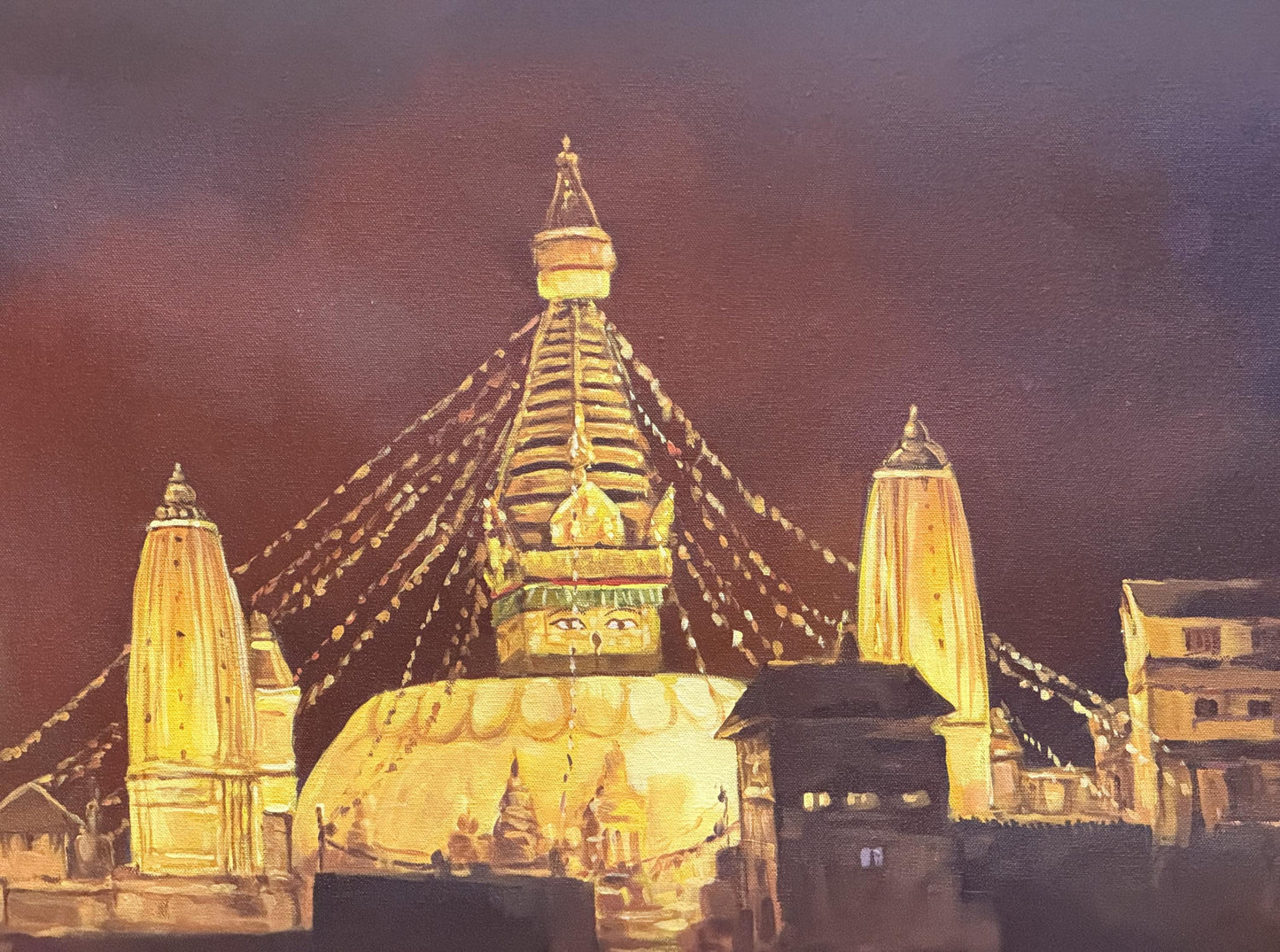 Swayambhunath Temple Night View - Sacred Buddhist Site Acrylic Painting on Canvas - Spiritual Wall Art