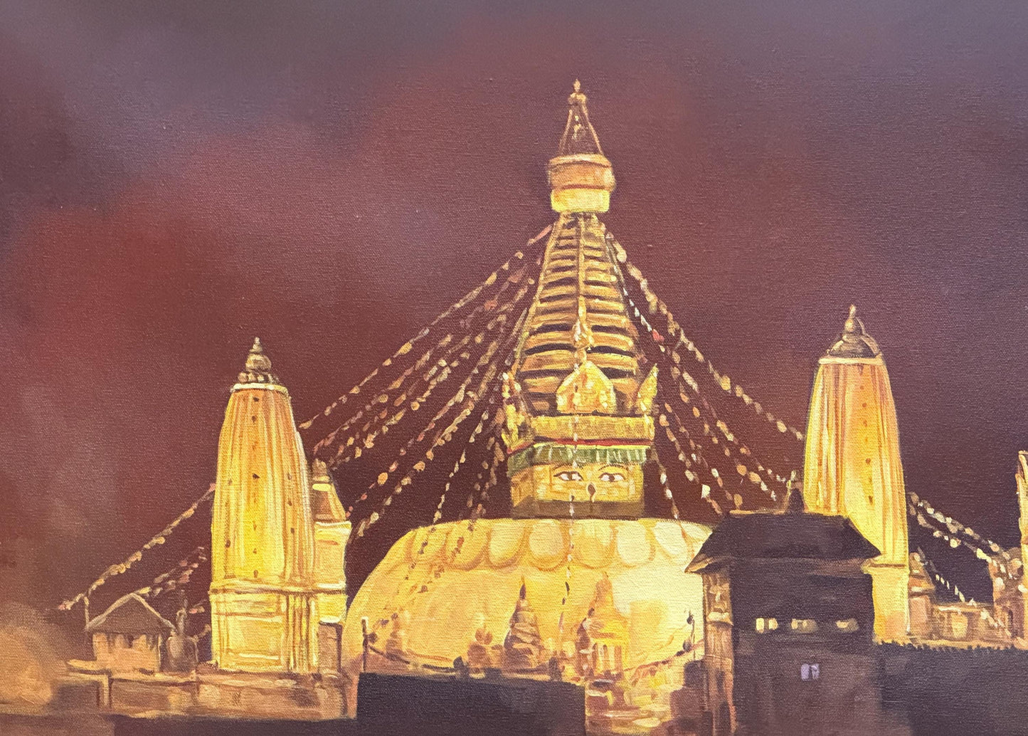 Swayambhunath Temple Night View - Sacred Buddhist Site Acrylic Painting on Canvas - Spiritual Wall Art