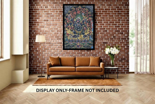Hand-Painted Six-Armed Black Mahakala Thangka - Black and Gold Tibetan Buddhist Protector Deity