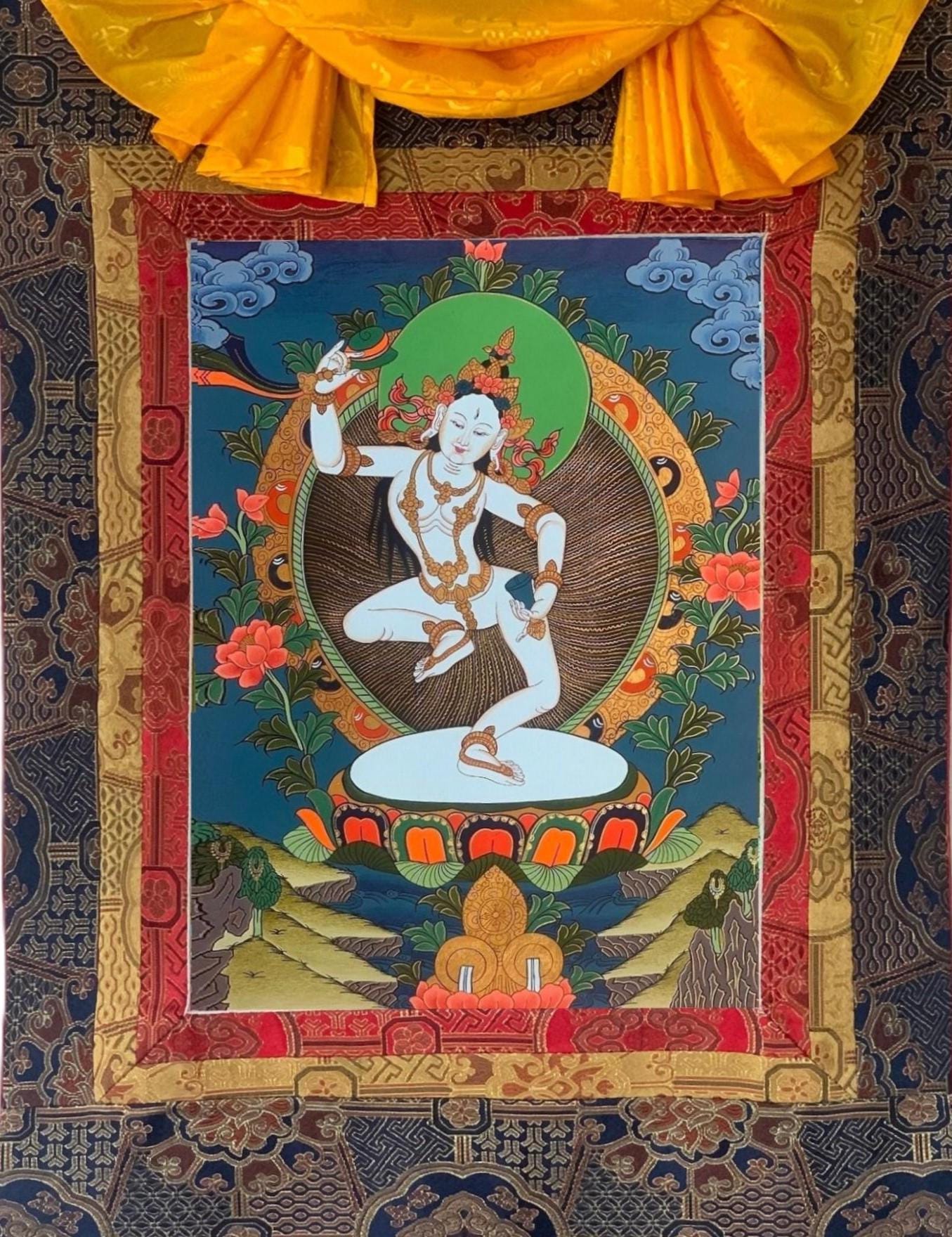 Machig Labdron Tibetan Thangka – Original Hand-Painted Art with Silk Brocade - For Chöd  Practice