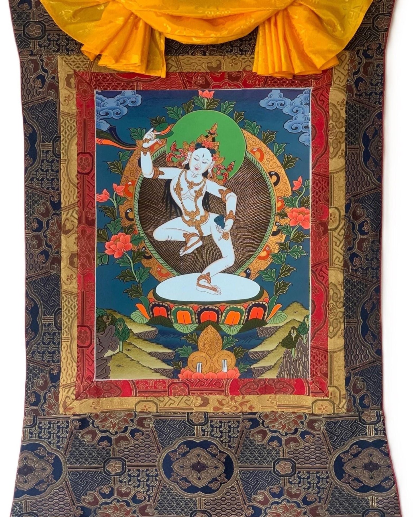 Machig Labdron Tibetan Thangka – Original Hand-Painted Art with Silk Brocade - For Chöd  Practice