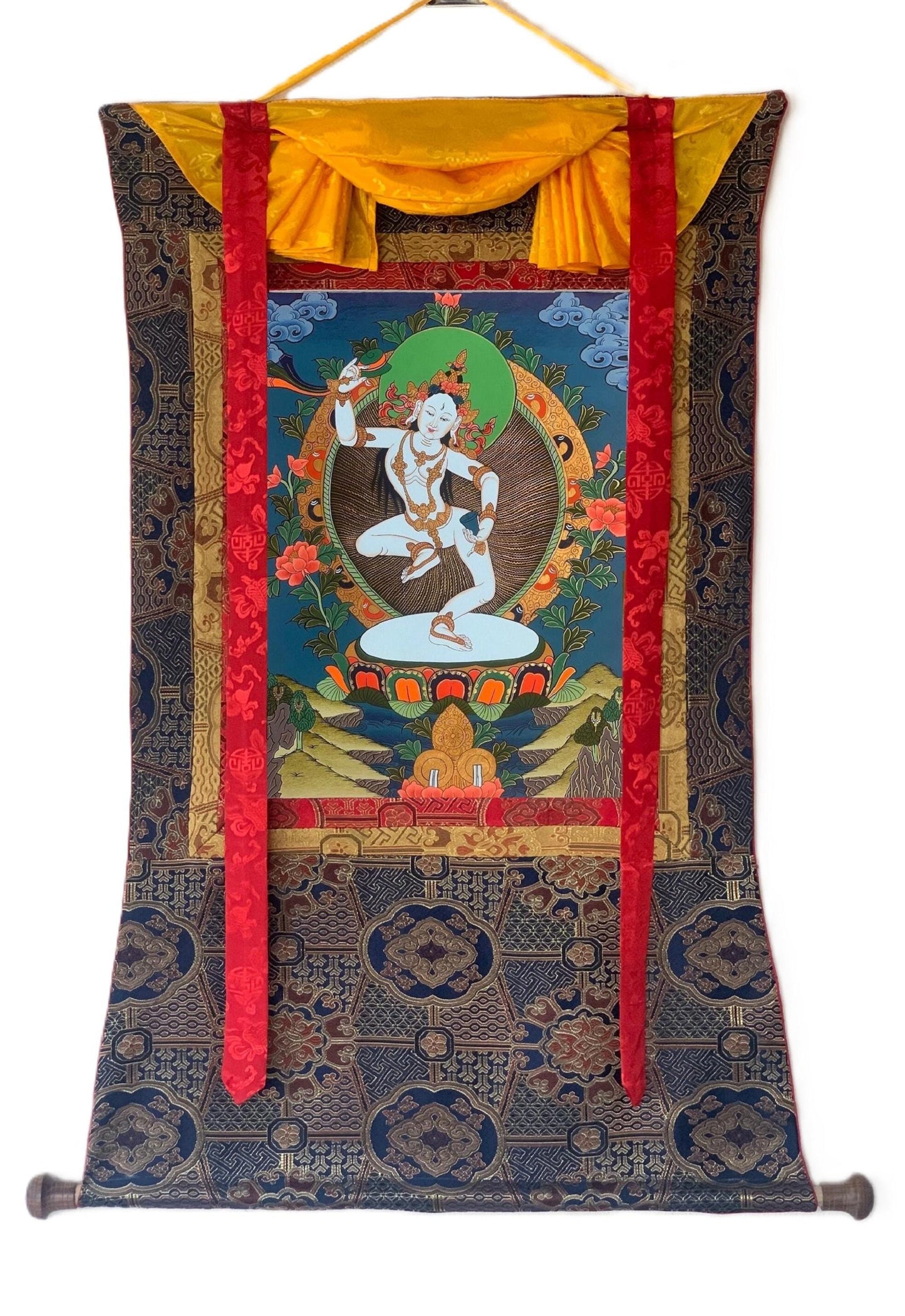 Machig Labdron Tibetan Thangka – Original Hand-Painted Art with Silk Brocade - For Chöd  Practice