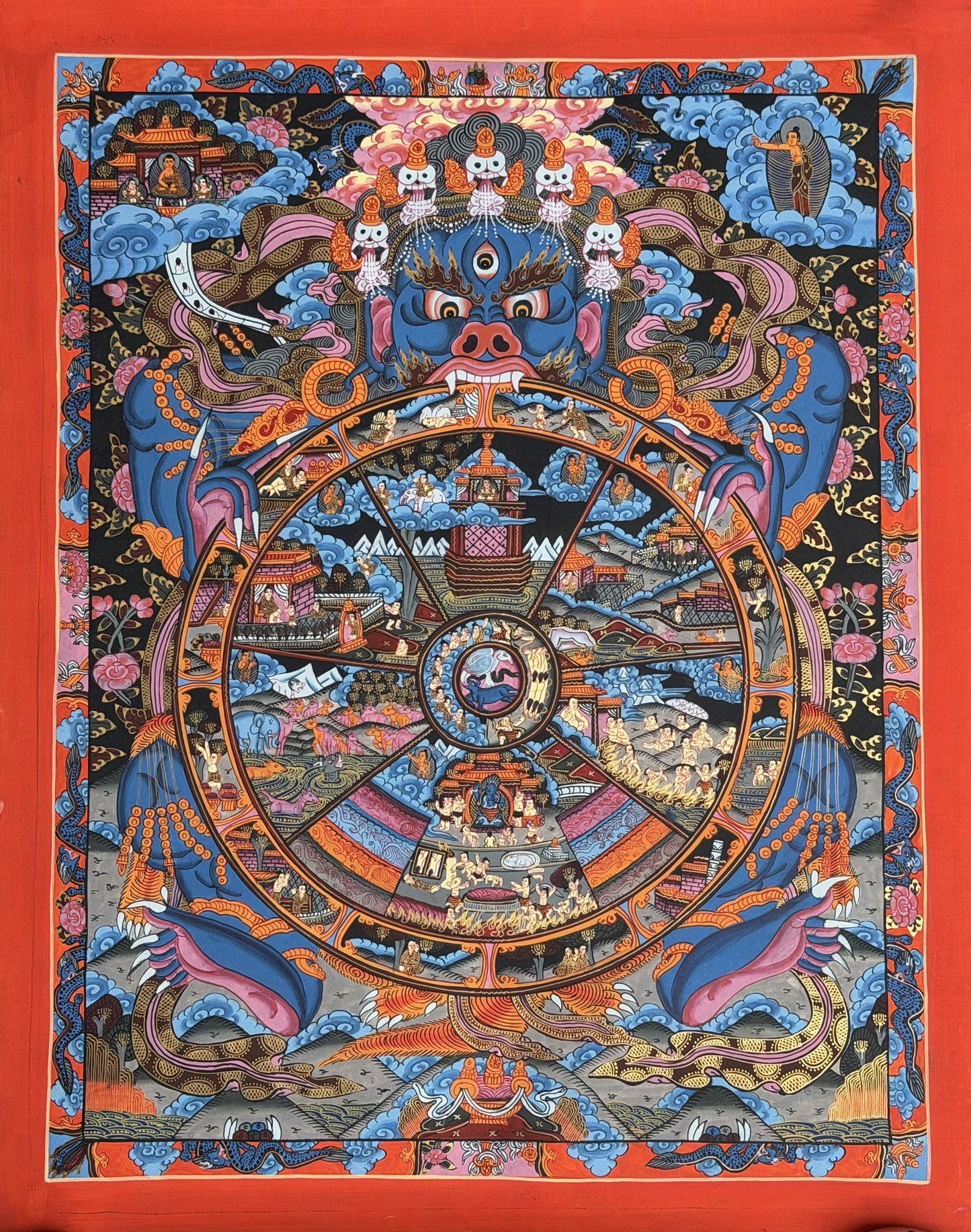 Hand-Painted Tibetan Thangka: Samsara Wheel of Time Bhavachakra Mandala Painting