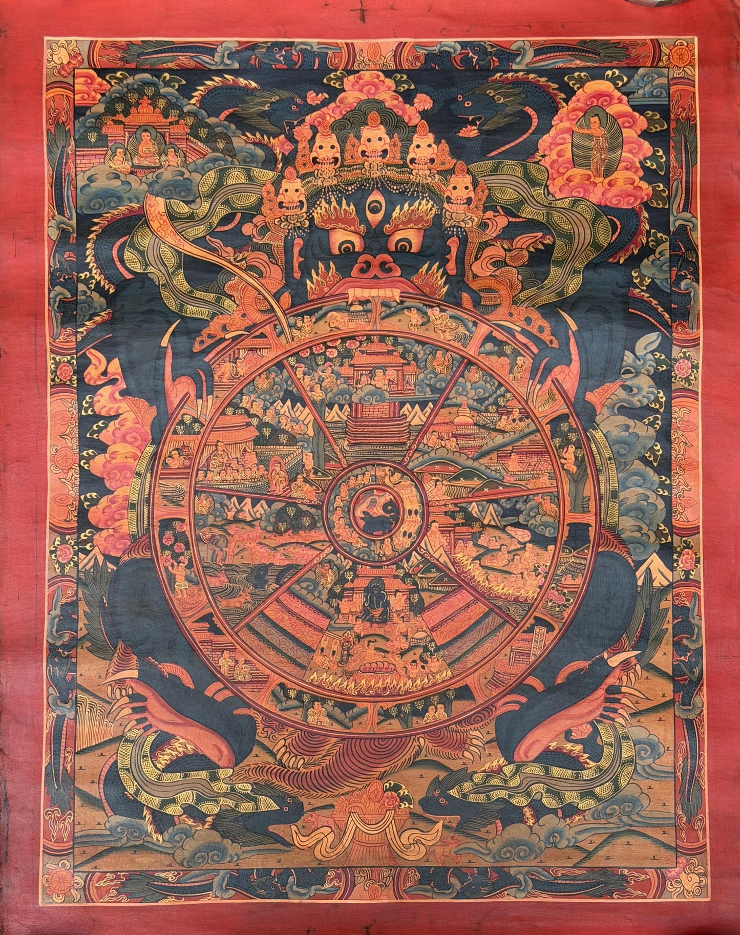 Hand-Painted Wheel of Life Thangka Painting - Bhavachakra Samsara Mandala Oil Varnished Tibetan Art