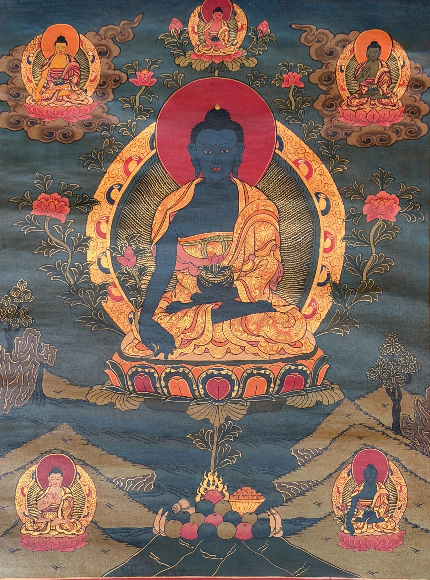 Medicine Buddha Thangka Painting - Hand-Painted Tibetan Healing Art, Oil Varnished