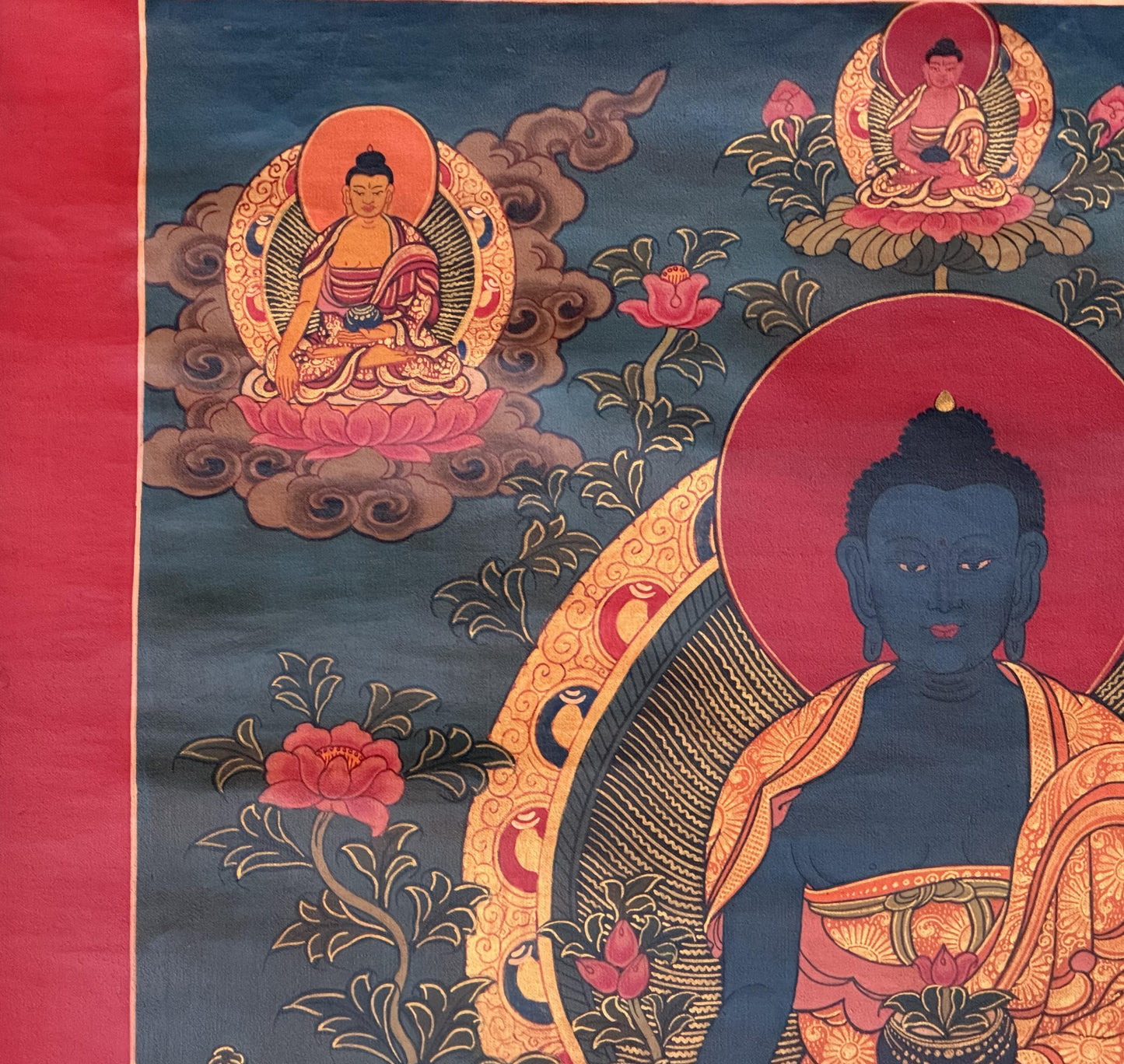 Medicine Buddha Thangka Painting - Hand-Painted Tibetan Healing Art, Oil Varnished