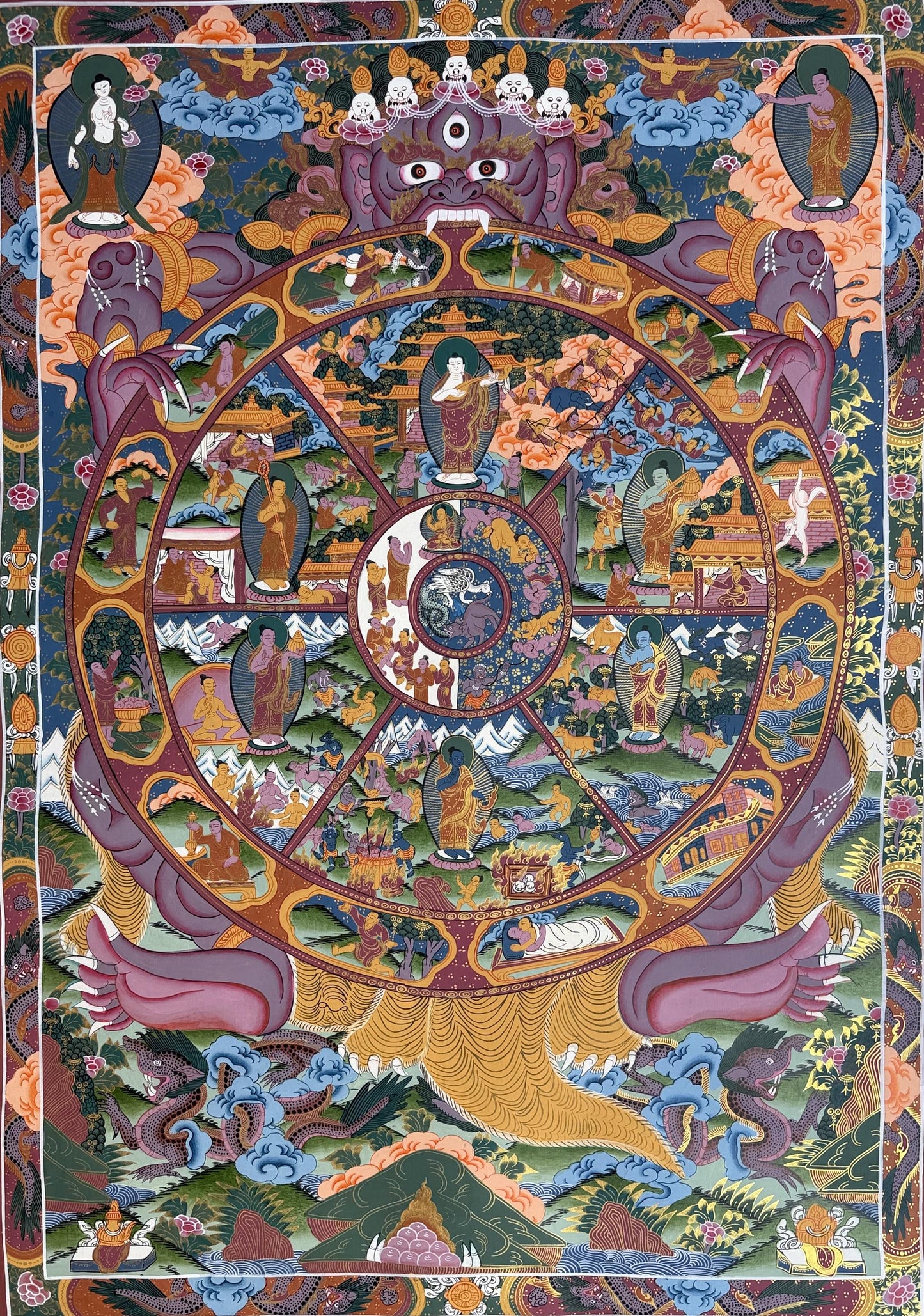 Large Wheel of Life Thangka - Hand-Painted Bhavachakra Samsara Mandala Tibetan Buddhist Art