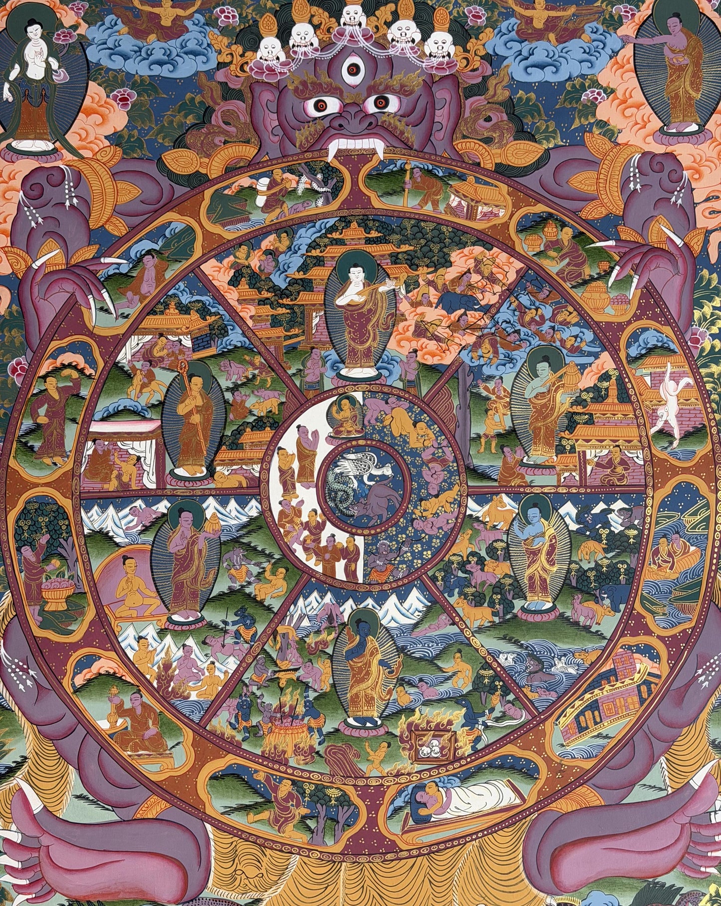 Large Wheel of Life Thangka - Hand-Painted Bhavachakra Samsara Mandala Tibetan Buddhist Art