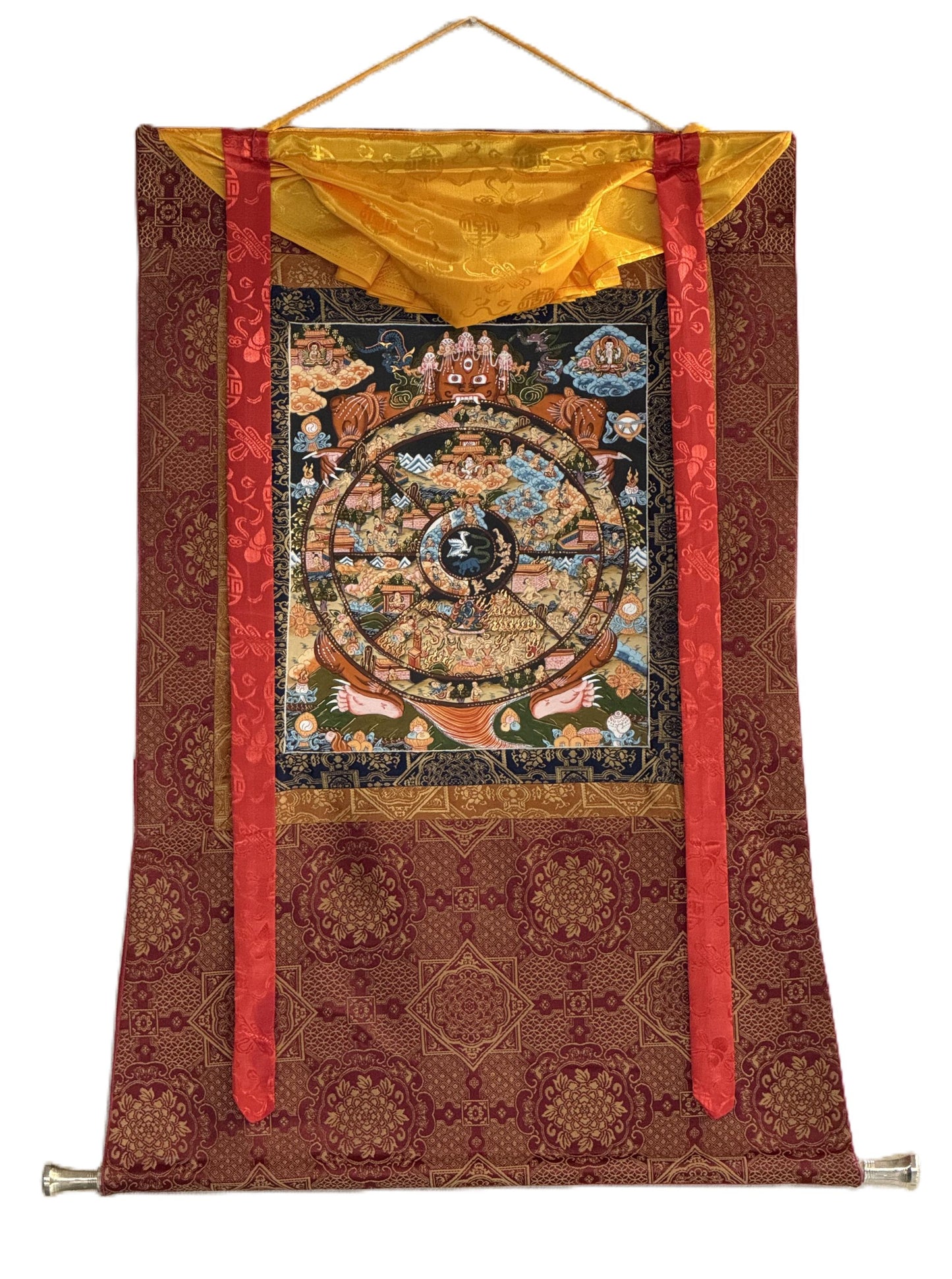 Hand-Painted Wheel of Life Samsara Mandala Thangka | Tibetan Bhavachakraa Art with Silk Brocade