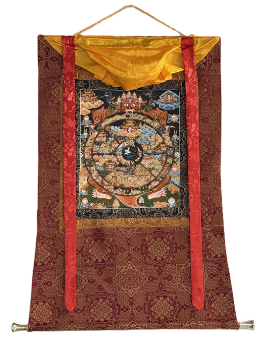 Hand-Painted Wheel of Life Samsara Mandala Thangka | Tibetan Bhavachakraa Art with Silk Brocade