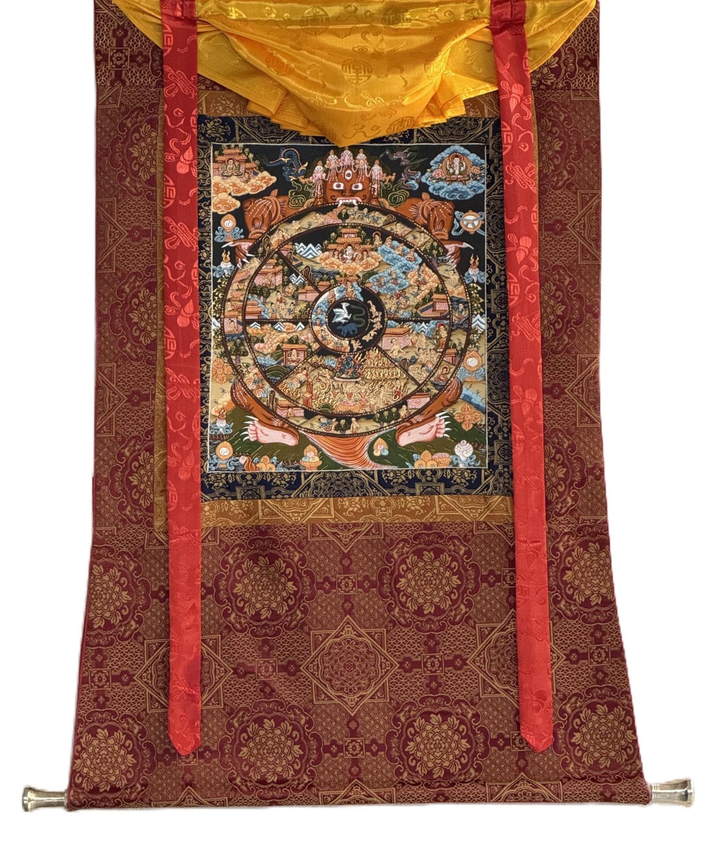 Hand-Painted Wheel of Life Samsara Mandala Thangka | Tibetan Bhavachakraa Art with Silk Brocade