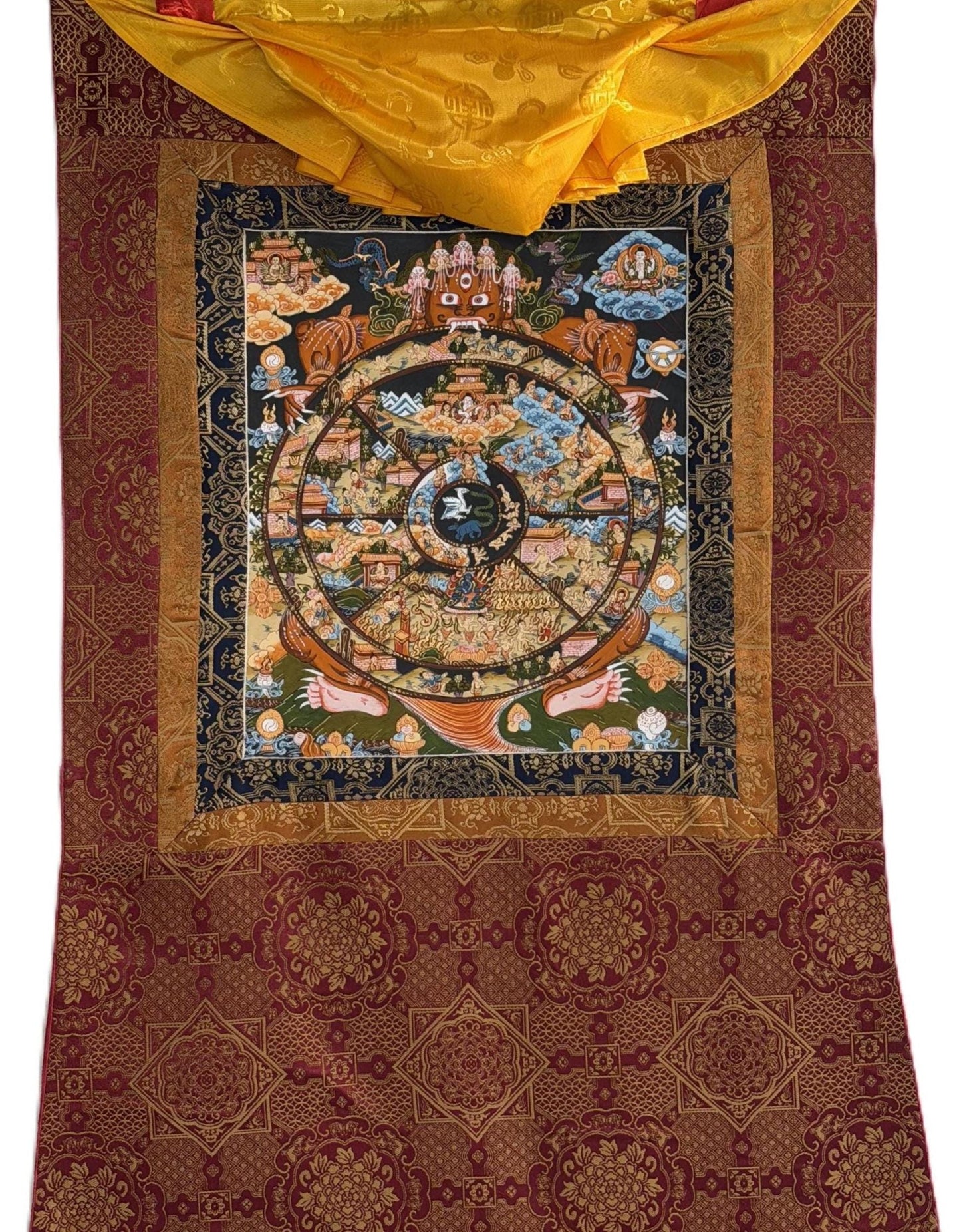 Hand-Painted Wheel of Life Samsara Mandala Thangka | Tibetan Bhavachakraa Art with Silk Brocade