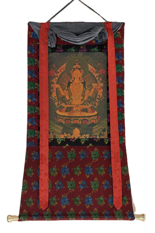 Original Hand-painted Prajnaparamita Old Oil Varnished  Tibetan Meditation, Thangka Painting with Cotton Brocade