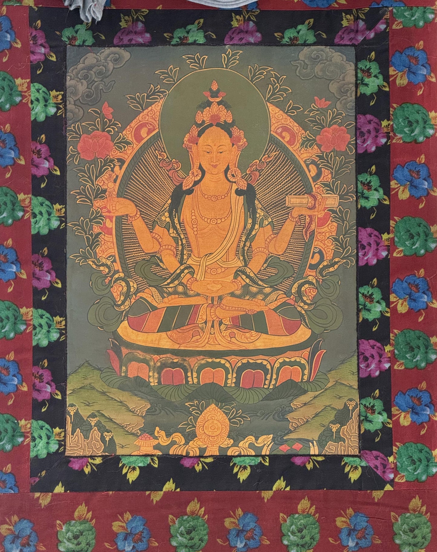 Original Hand-painted Prajnaparamita Old Oil Varnished  Tibetan Meditation, Thangka Painting with Cotton Brocade