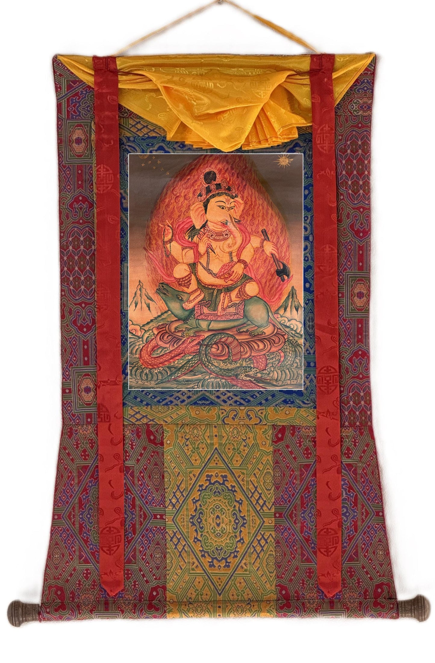 Original Hand-Painted Lord Ganesha Thangka Painting – Oil Varnished Newari Paubha Sacred Art