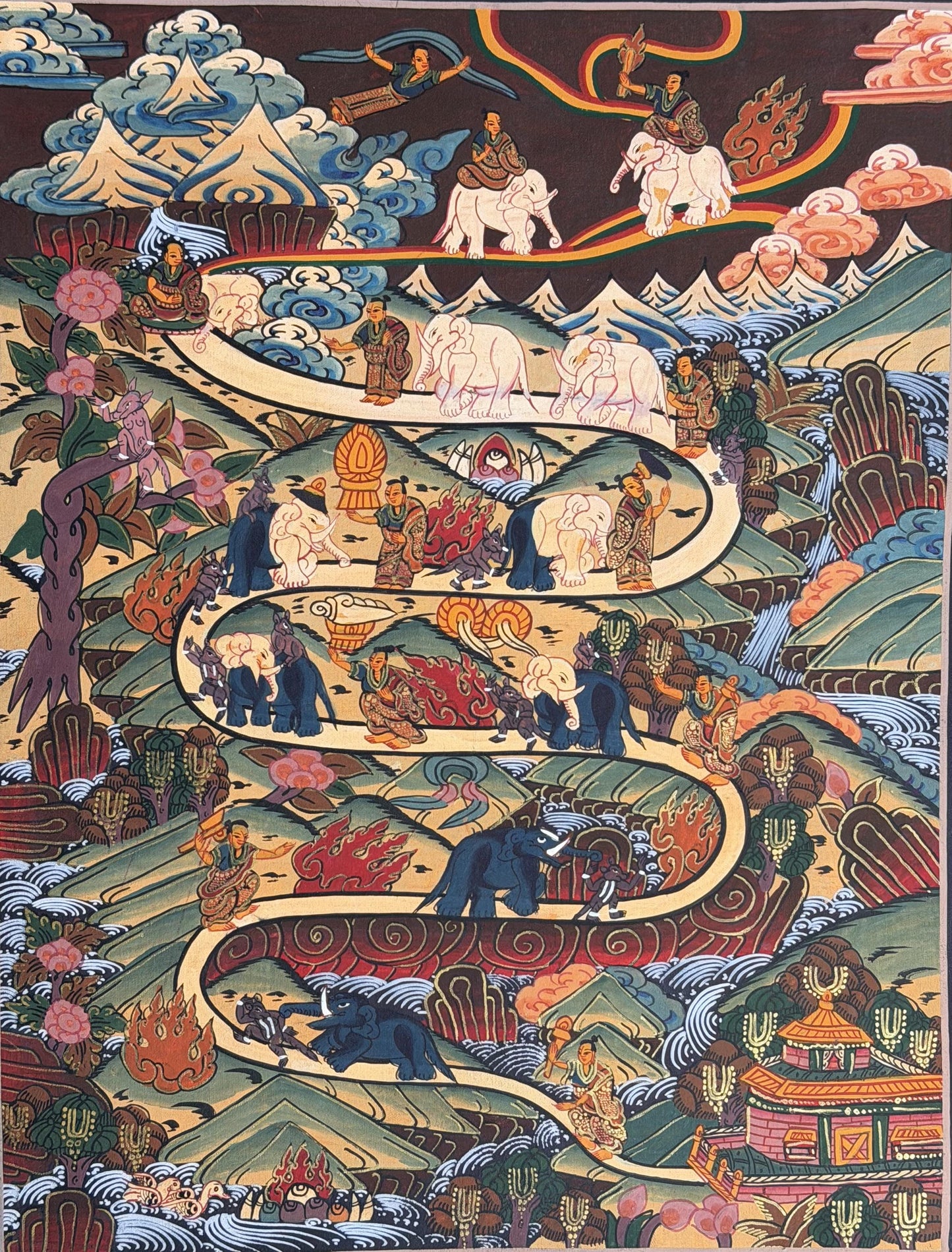Hand-Painted Samatha Meditation Tibetan Thangka Painting with Silk Brocade