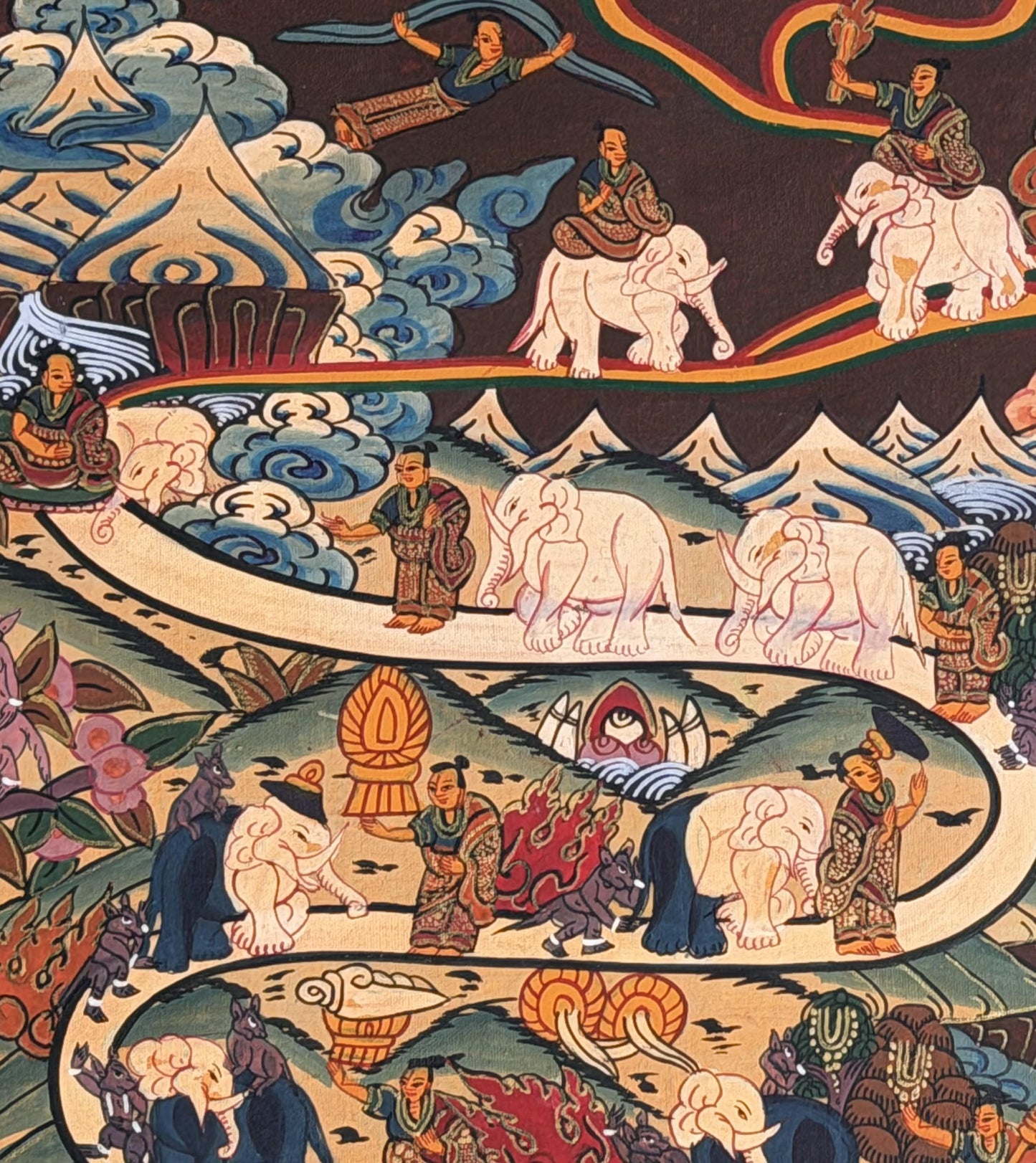 Hand-Painted Samatha Meditation Tibetan Thangka Painting with Silk Brocade