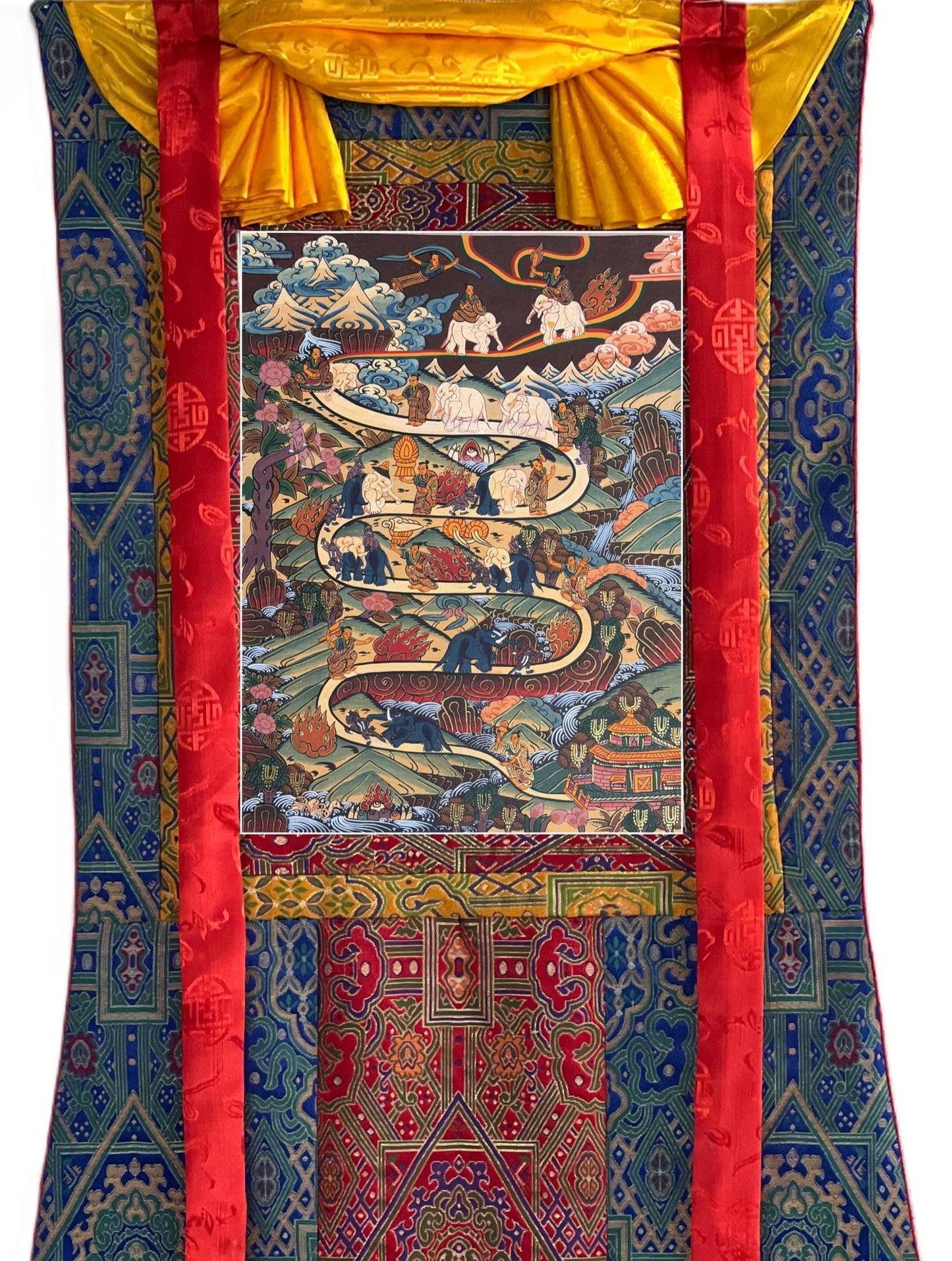 Hand-Painted Samatha Meditation Tibetan Thangka Painting with Silk Brocade