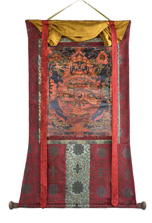 Wheel of Life Thangka | Hand-Painted Bhavachakra Mandala with Silk Brocade