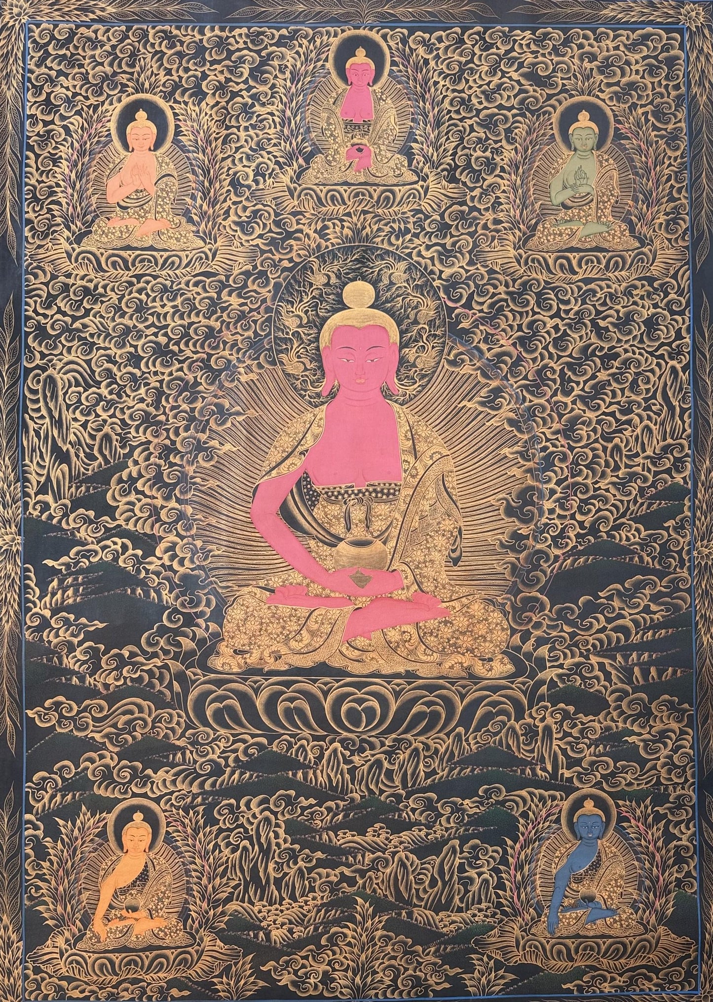 Large Pancha Buddha Thangka Painting | Hand-Painted Oil Varnished Tibetan Art
