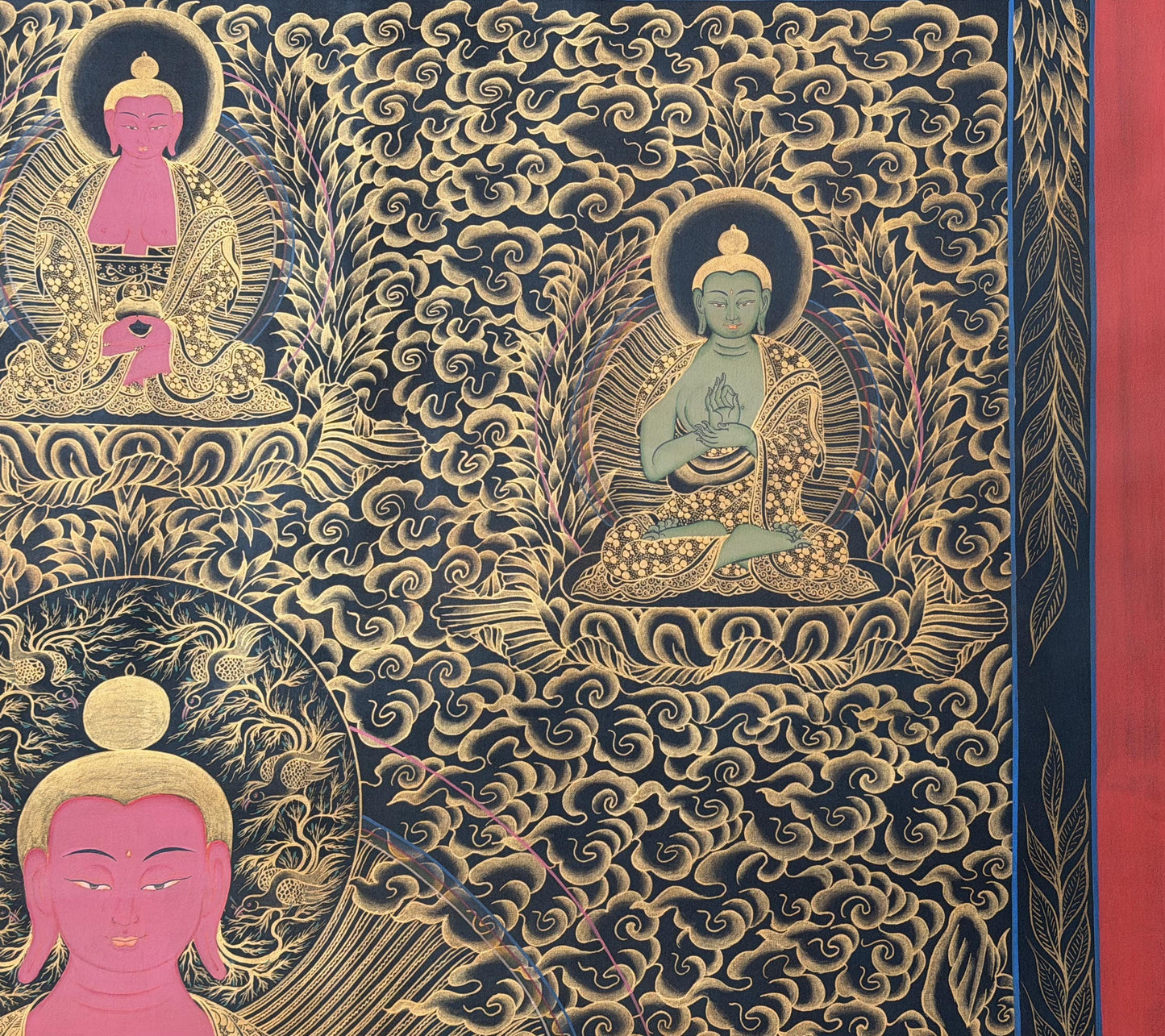 Large Pancha Buddha Thangka Painting | Hand-Painted Oil Varnished Tibetan Art