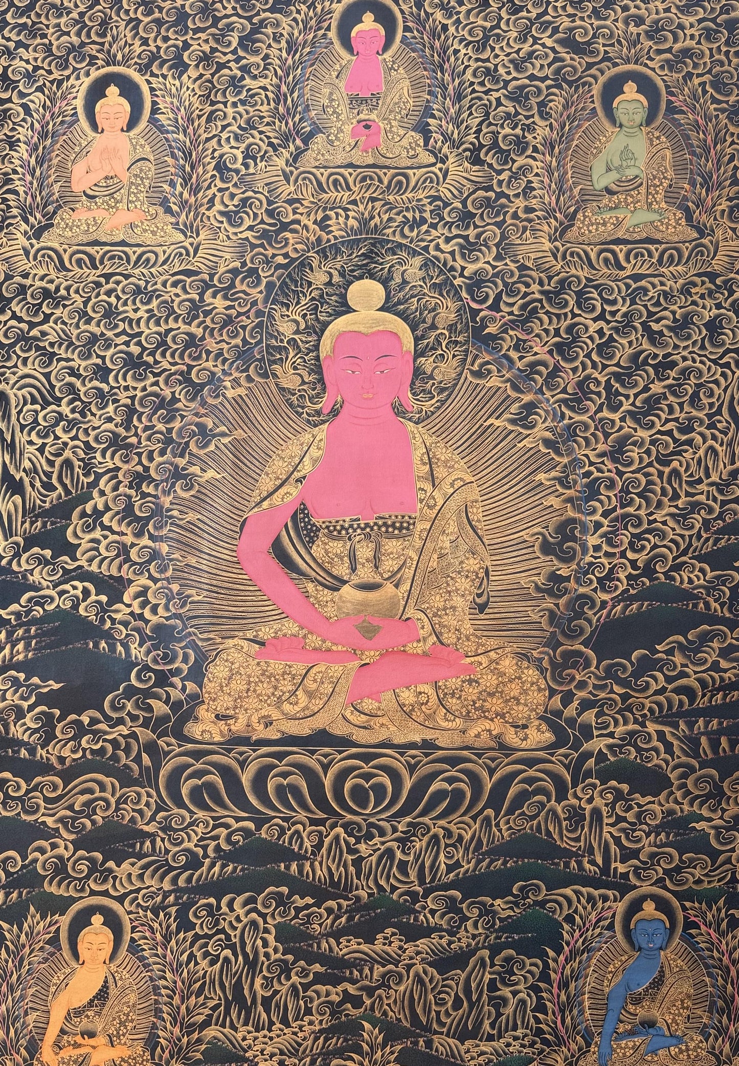 Large Pancha Buddha Thangka Painting | Hand-Painted Oil Varnished Tibetan Art