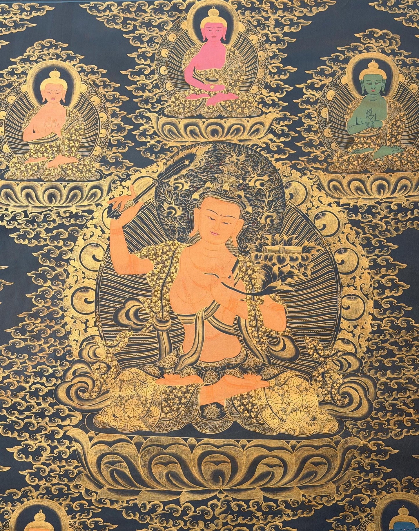 Large Panch Buddha Manjushri Thangka Painting – Black & Gold Oil Varnished Tibetan Art