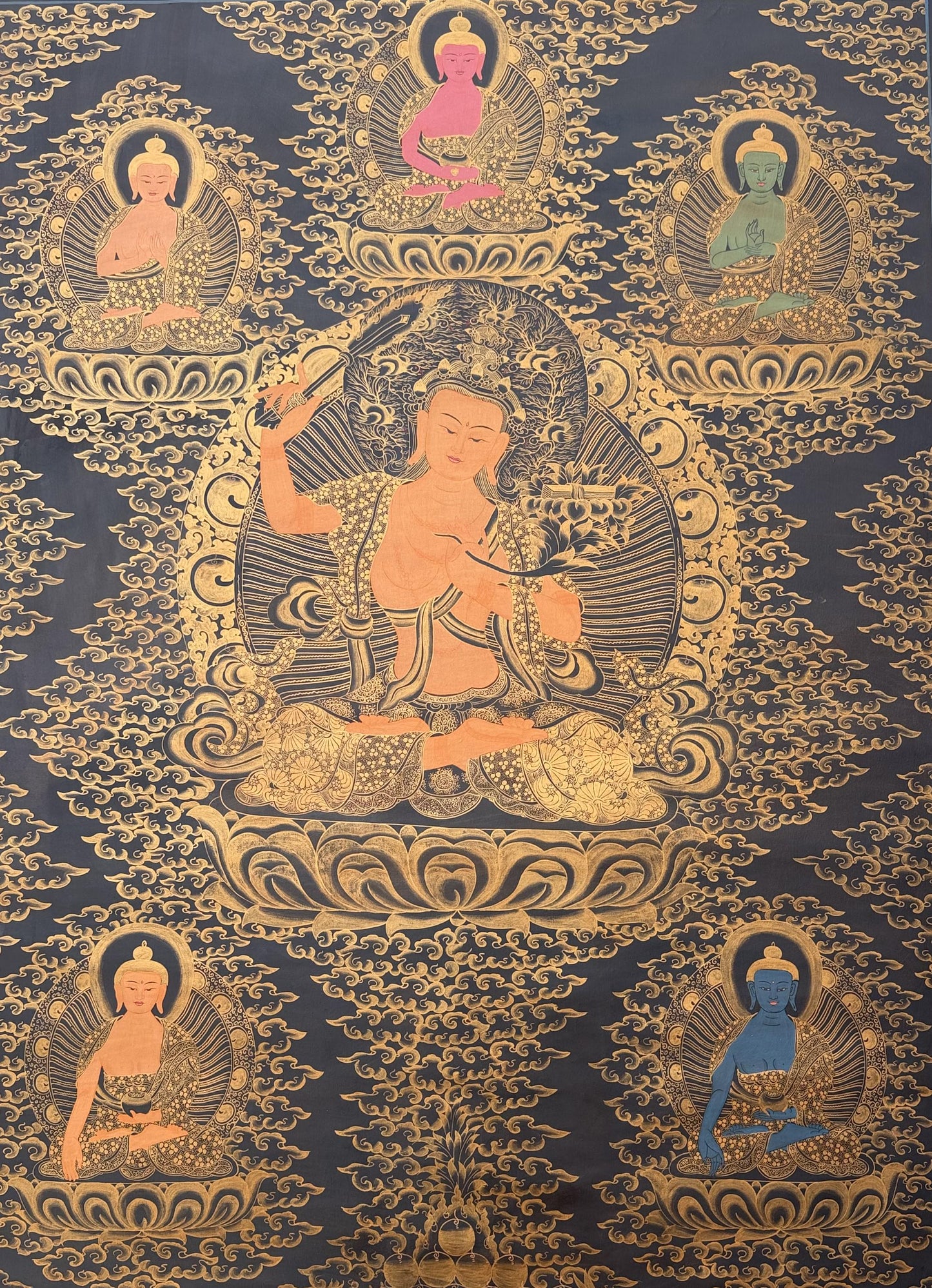 Large Panch Buddha Manjushri Thangka Painting – Black & Gold Oil Varnished Tibetan Art