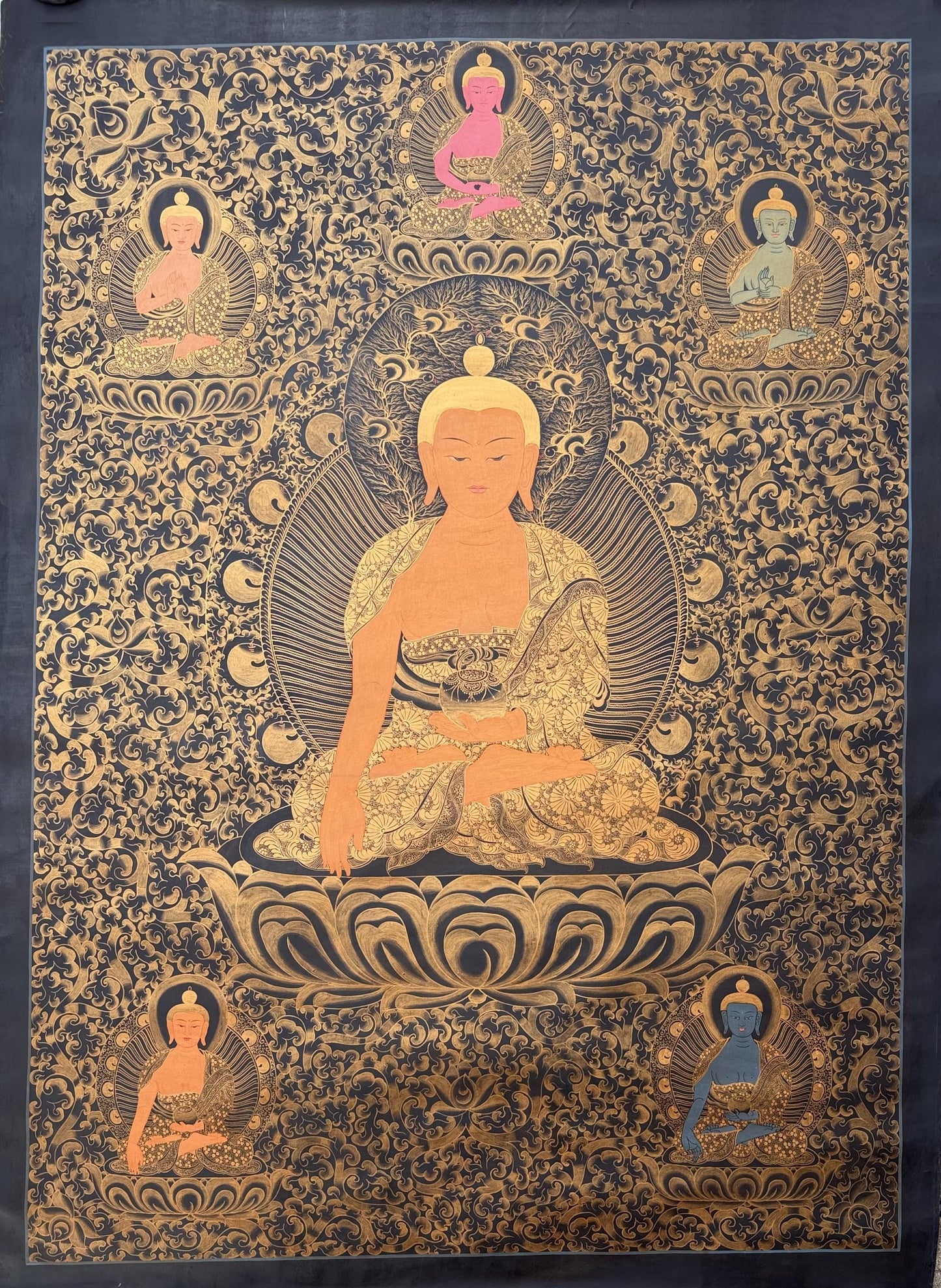 Hand-Painted Large Pancha Buddha Thangka – Black & Gold Oil-Varnished Tibetan Art