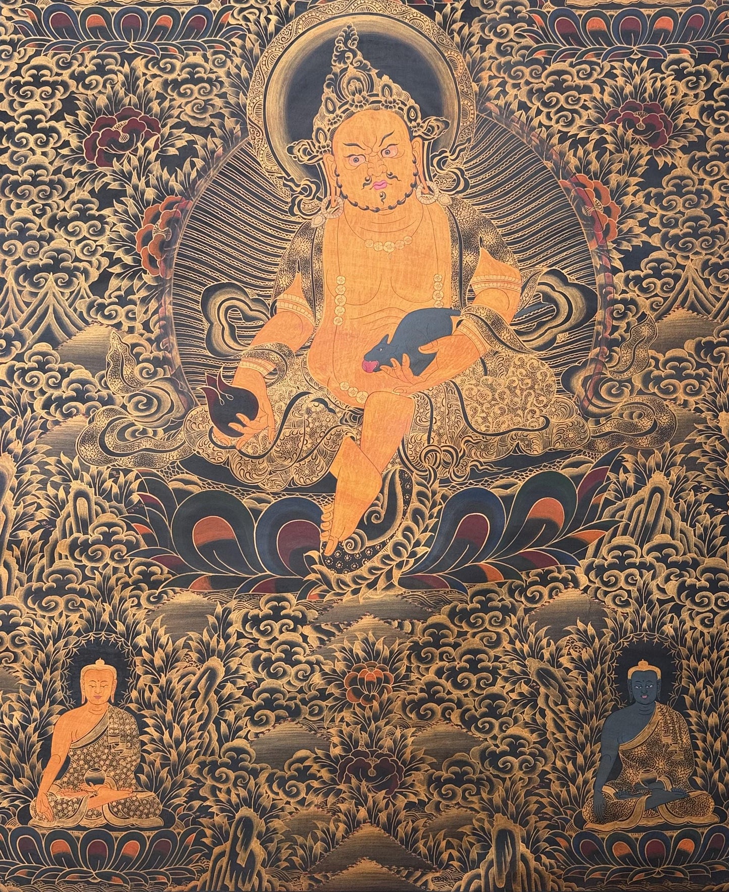 Pancha Buddha Jambhala Thangka Painting – Black and Gold, Large Oil Varnished Tibetann Art