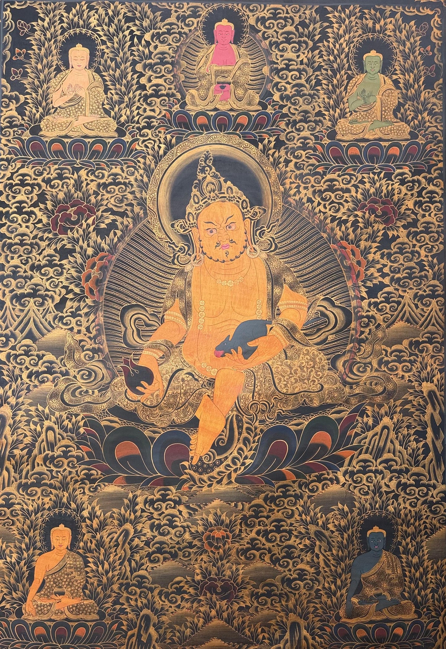Pancha Buddha Jambhala Thangka Painting – Black and Gold, Large Oil Varnished Tibetann Art