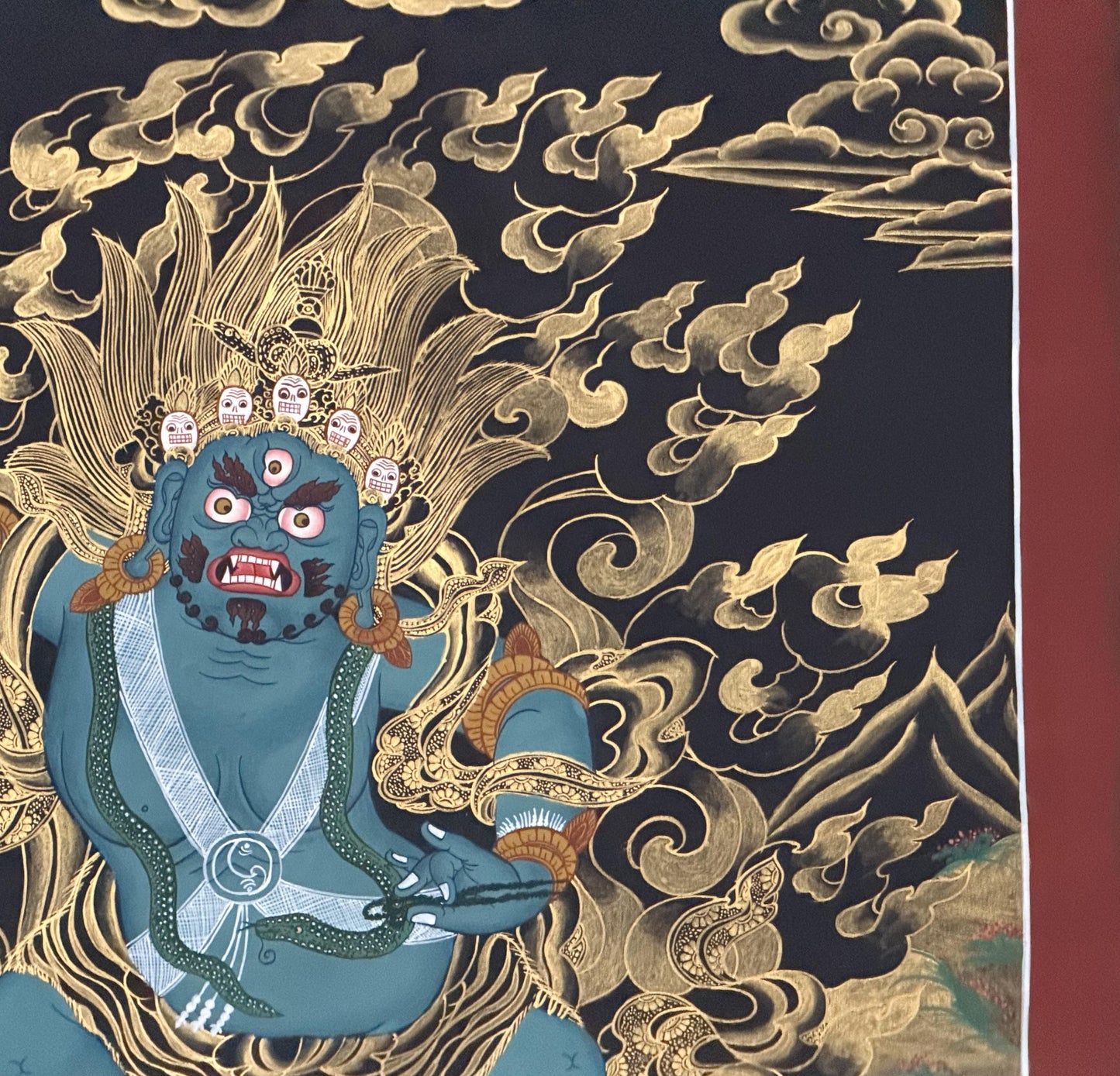 Hand-Painted Black and Gold Vajrapani Thangka Painting - Wrathful Tibetan Protector Bodhisattva Art