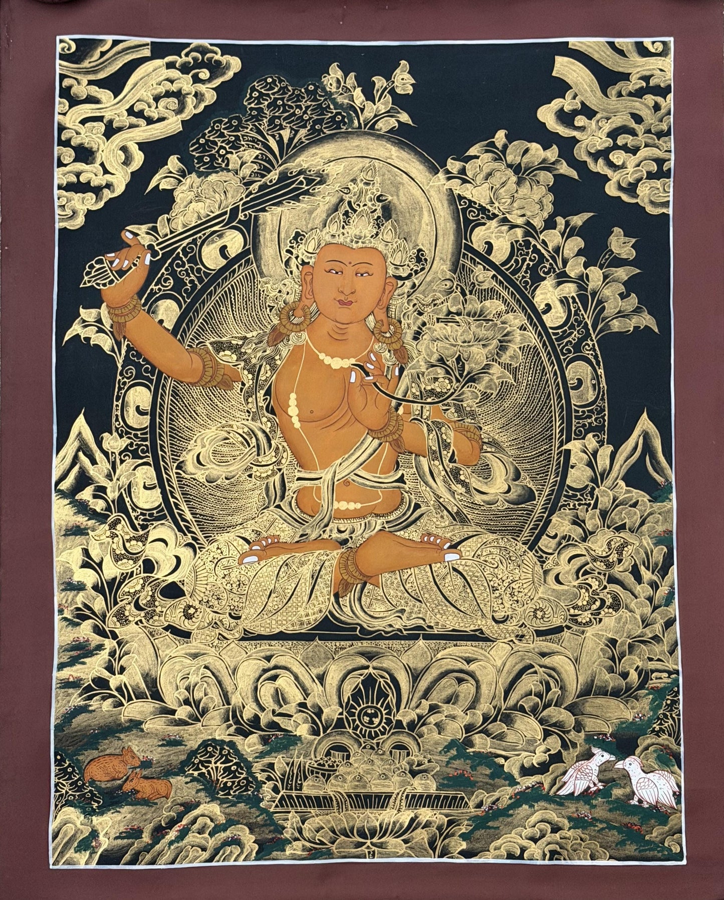 Hand-Painted Black and Gold Manjushri Thangka with Silk Brocade - Tibetan Bodhisattva of Wisdom Art